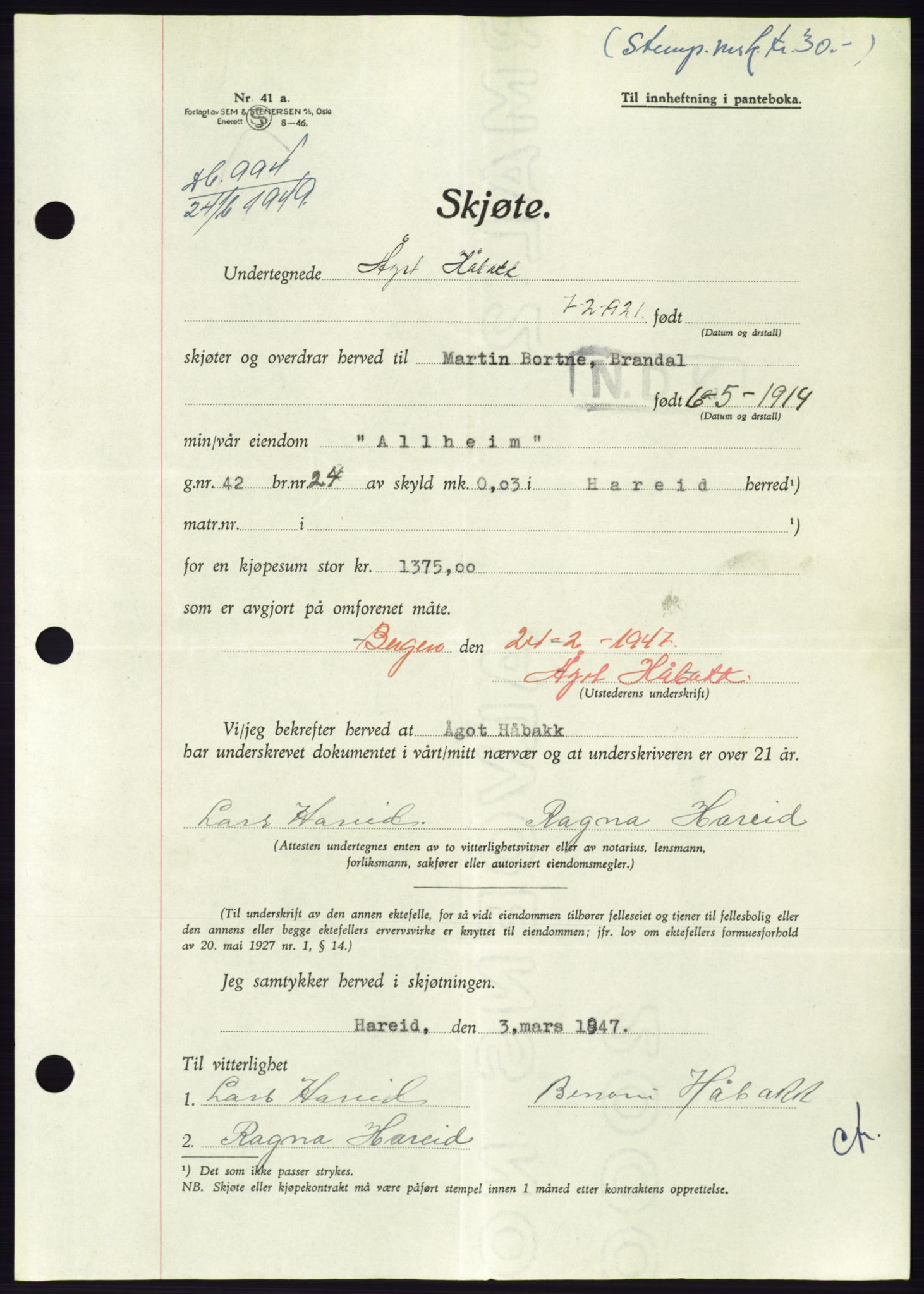 Søre Sunnmøre sorenskriveri, SAT/A-4122/1/2/2C/L0084: Pantebok nr. 10A, 1949-1949, Dagboknr: 994/1949