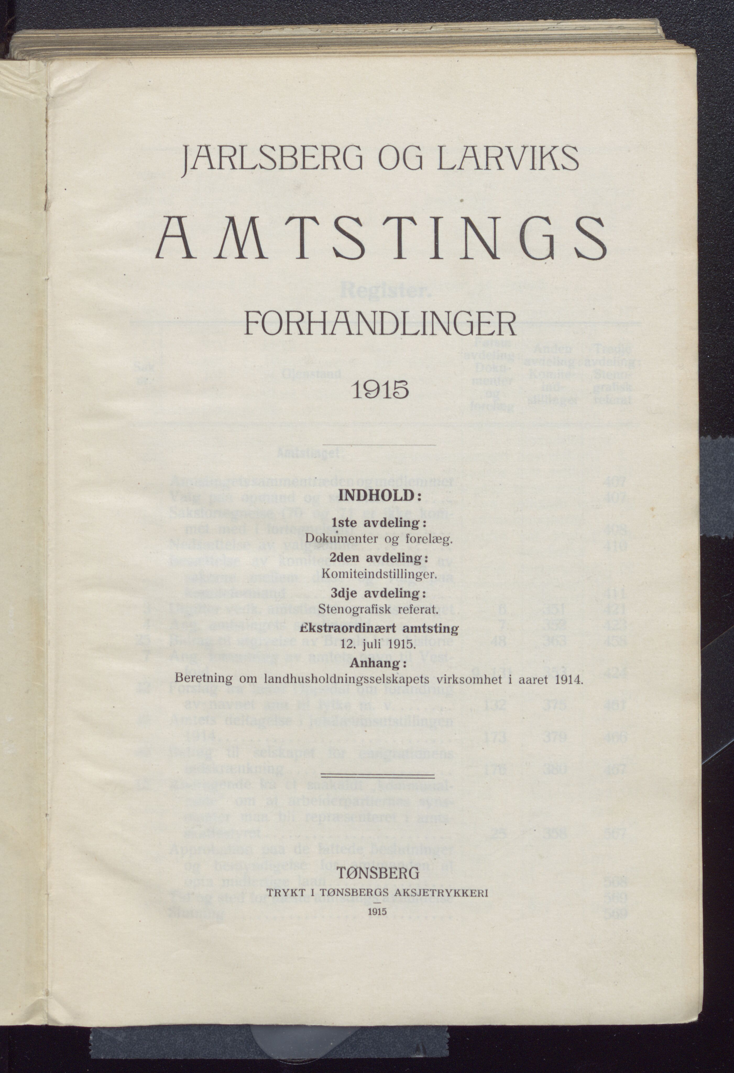 Vestfold fylkeskommune. Fylkestinget, VEMU/A-1315/A/Ab/Abb/L0062: Fylkestingsforhandlinger, 1915