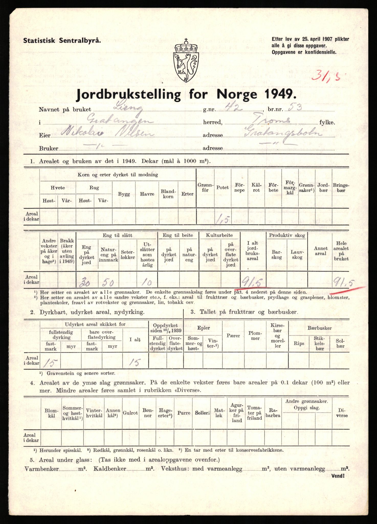 Statistisk sentralbyrå, Næringsøkonomiske emner, Jordbruk, skogbruk, jakt, fiske og fangst, AV/RA-S-2234/G/Gc/L0437: Troms: Gratangen og Lavangen, 1949, s. 1275