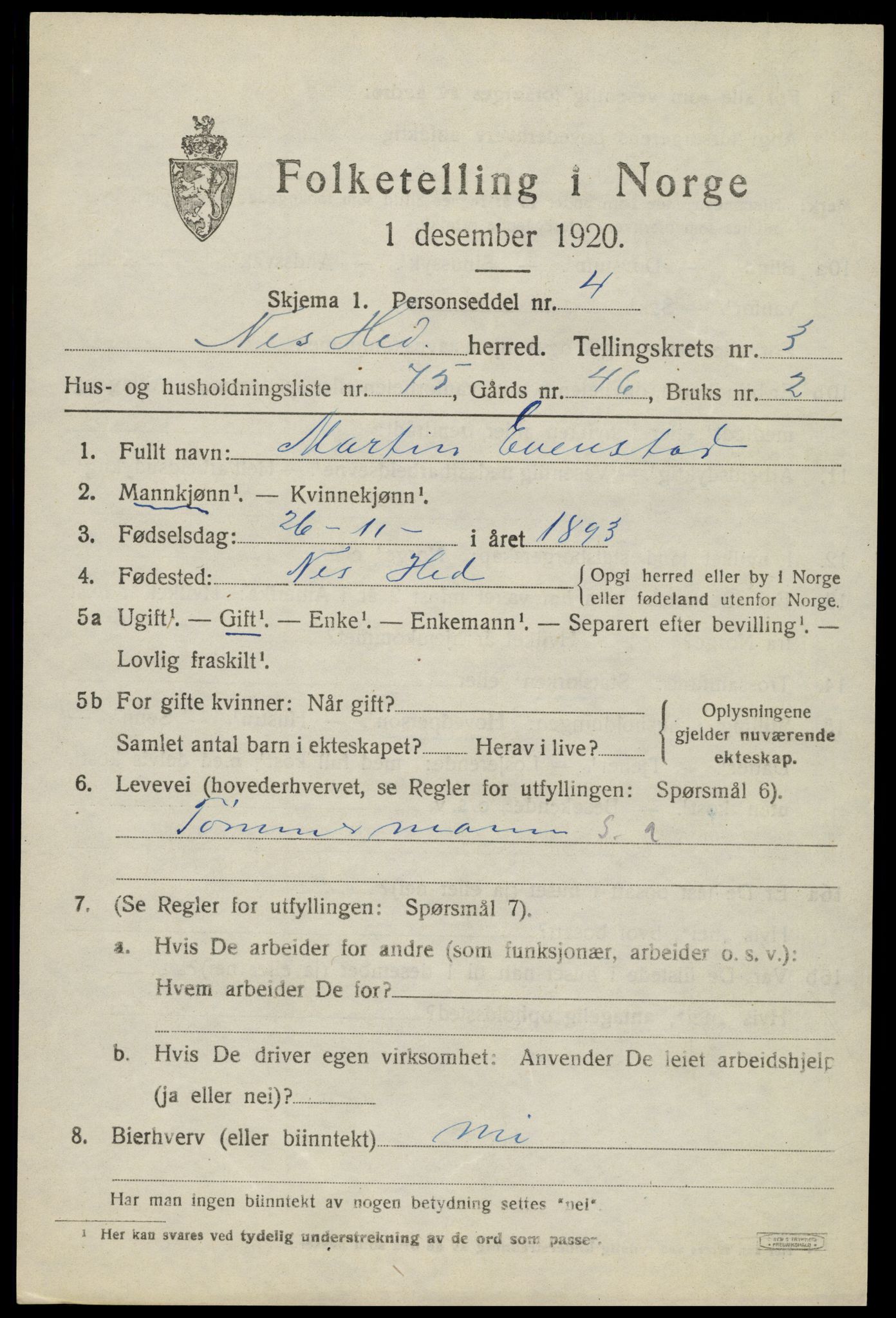 SAH, Folketelling 1920 for 0411 Nes herred, 1920, s. 5416