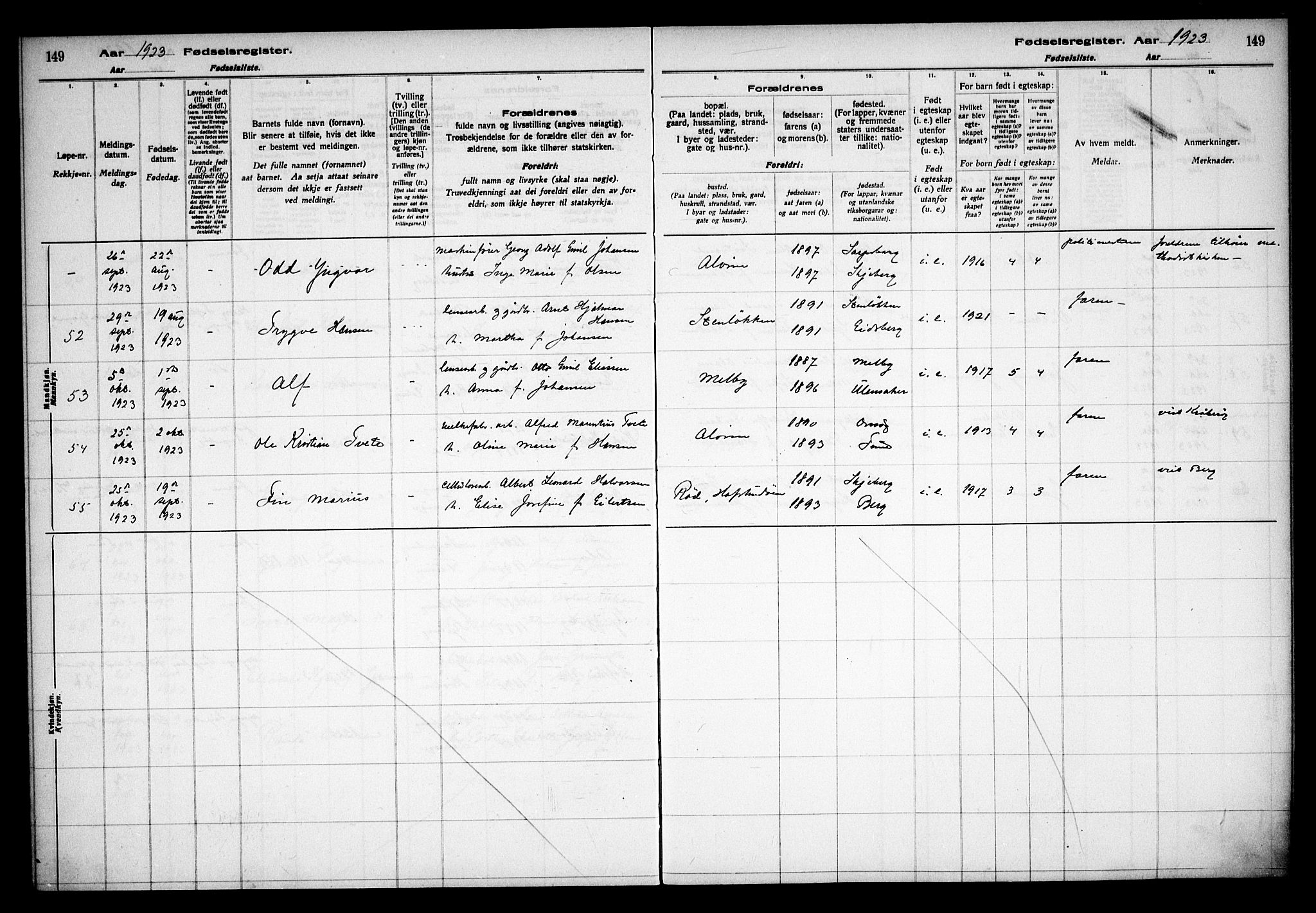 Tune prestekontor Kirkebøker, AV/SAO-A-2007/J/Ja/L0001: Fødselsregister nr. I 1, 1916-1928, s. 149