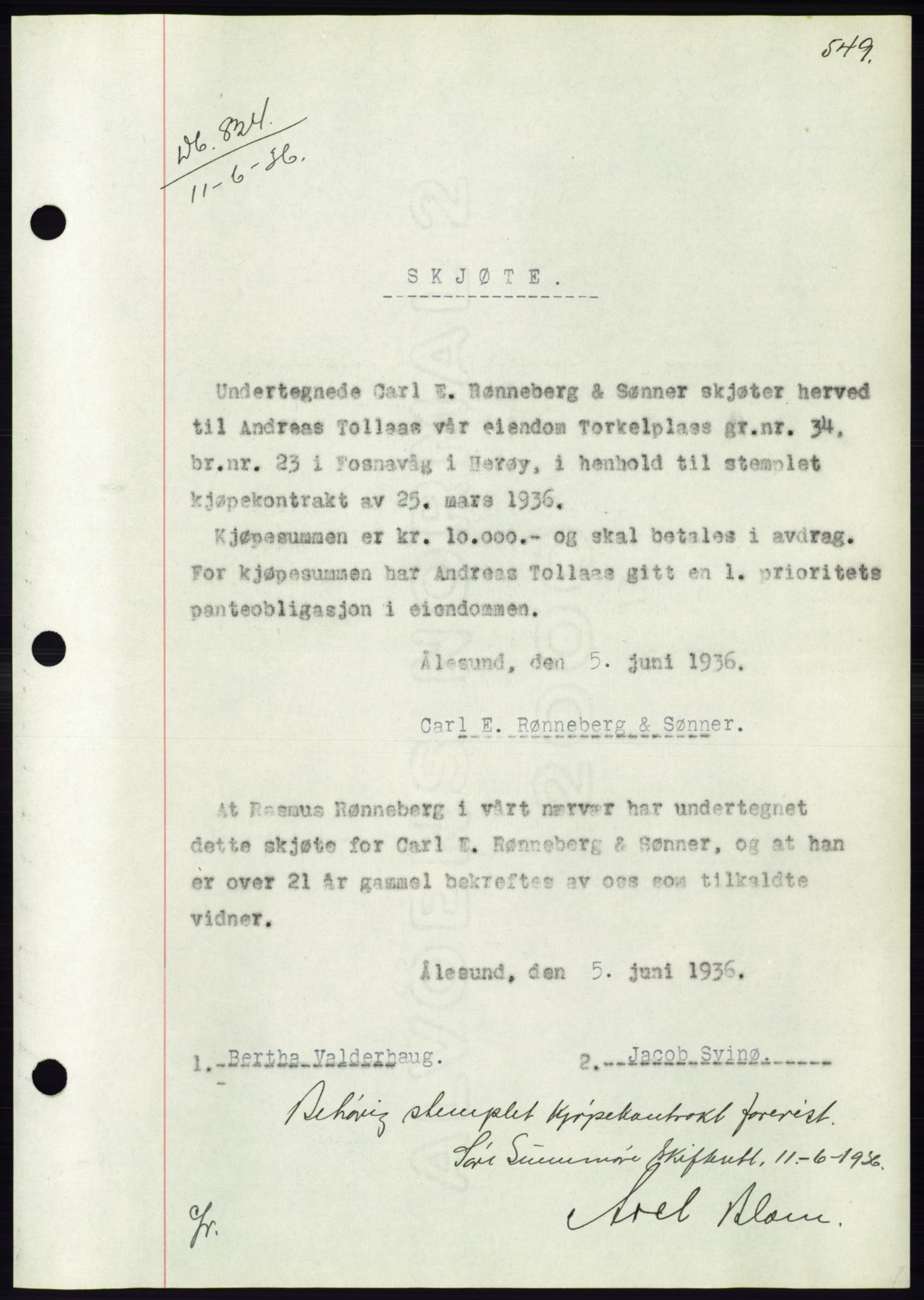 Søre Sunnmøre sorenskriveri, AV/SAT-A-4122/1/2/2C/L0060: Pantebok nr. 54, 1935-1936, Tingl.dato: 11.06.1936