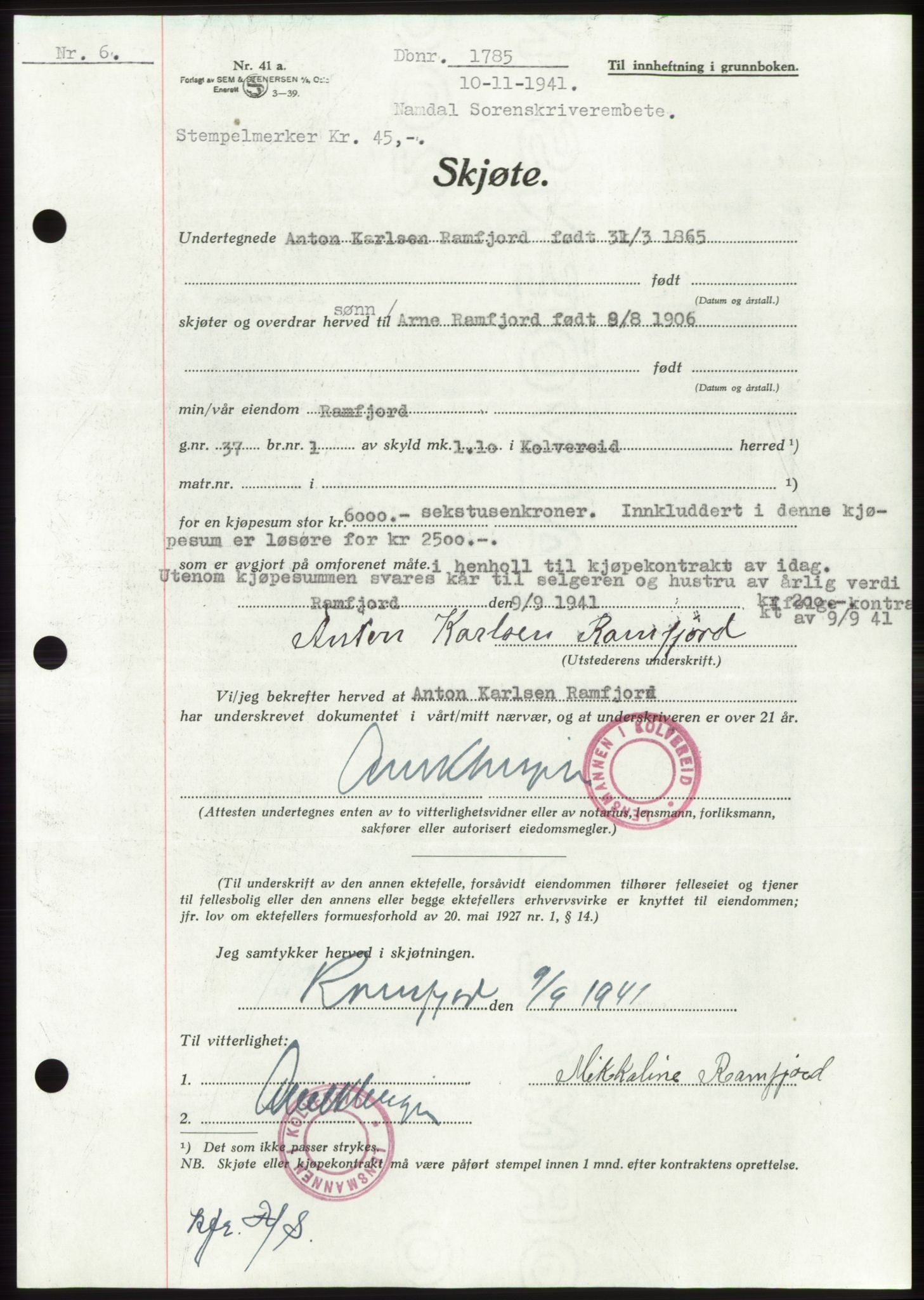 Namdal sorenskriveri, SAT/A-4133/1/2/2C: Pantebok nr. -, 1941-1942, Dagboknr: 1785/1941