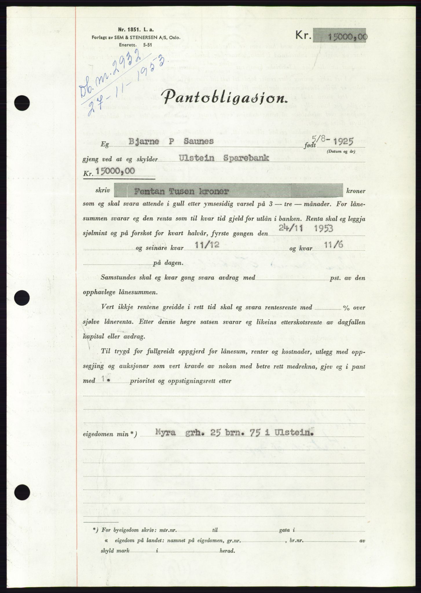 Søre Sunnmøre sorenskriveri, AV/SAT-A-4122/1/2/2C/L0124: Pantebok nr. 12B, 1953-1954, Dagboknr: 2932/1953