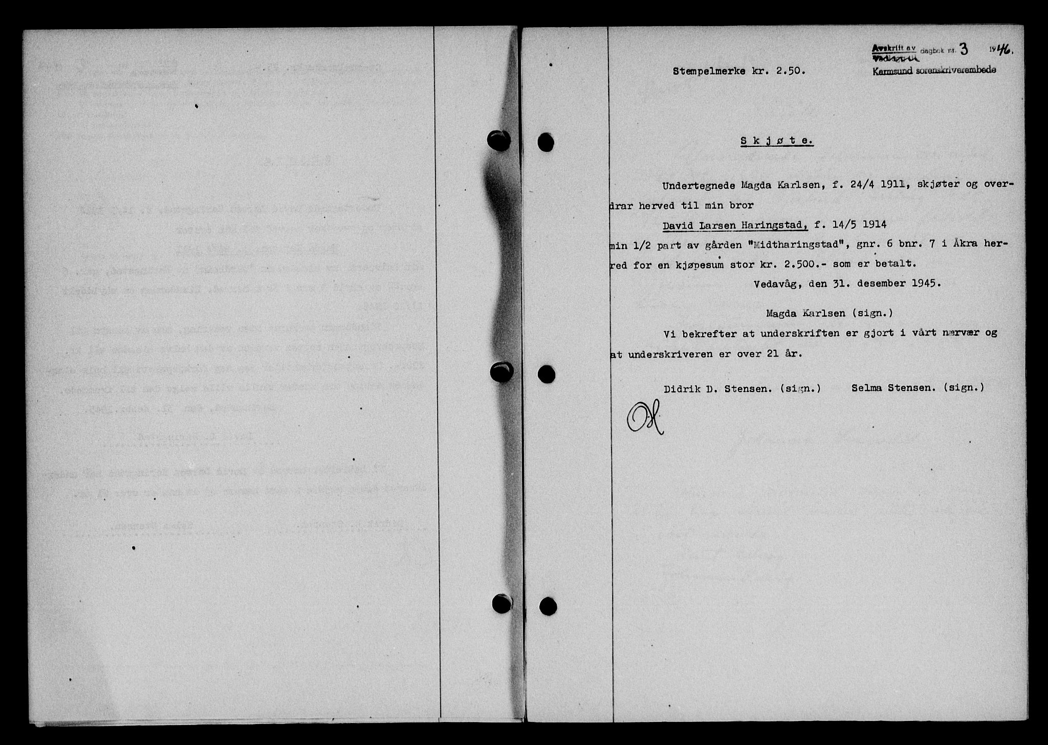 Karmsund sorenskriveri, SAST/A-100311/01/II/IIB/L0084: Pantebok nr. 65A, 1945-1946, Dagboknr: 3/1946