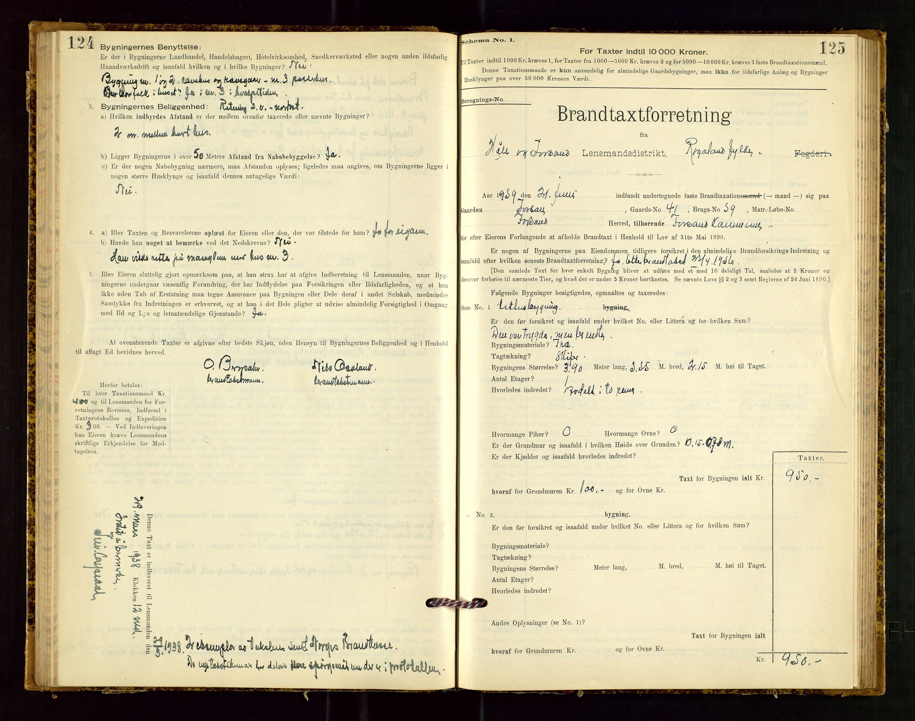 Høle og Forsand lensmannskontor, SAST/A-100127/Gob/L0001: "Brandtaxtprotokol" - skjematakst, 1897-1940, s. 124-125