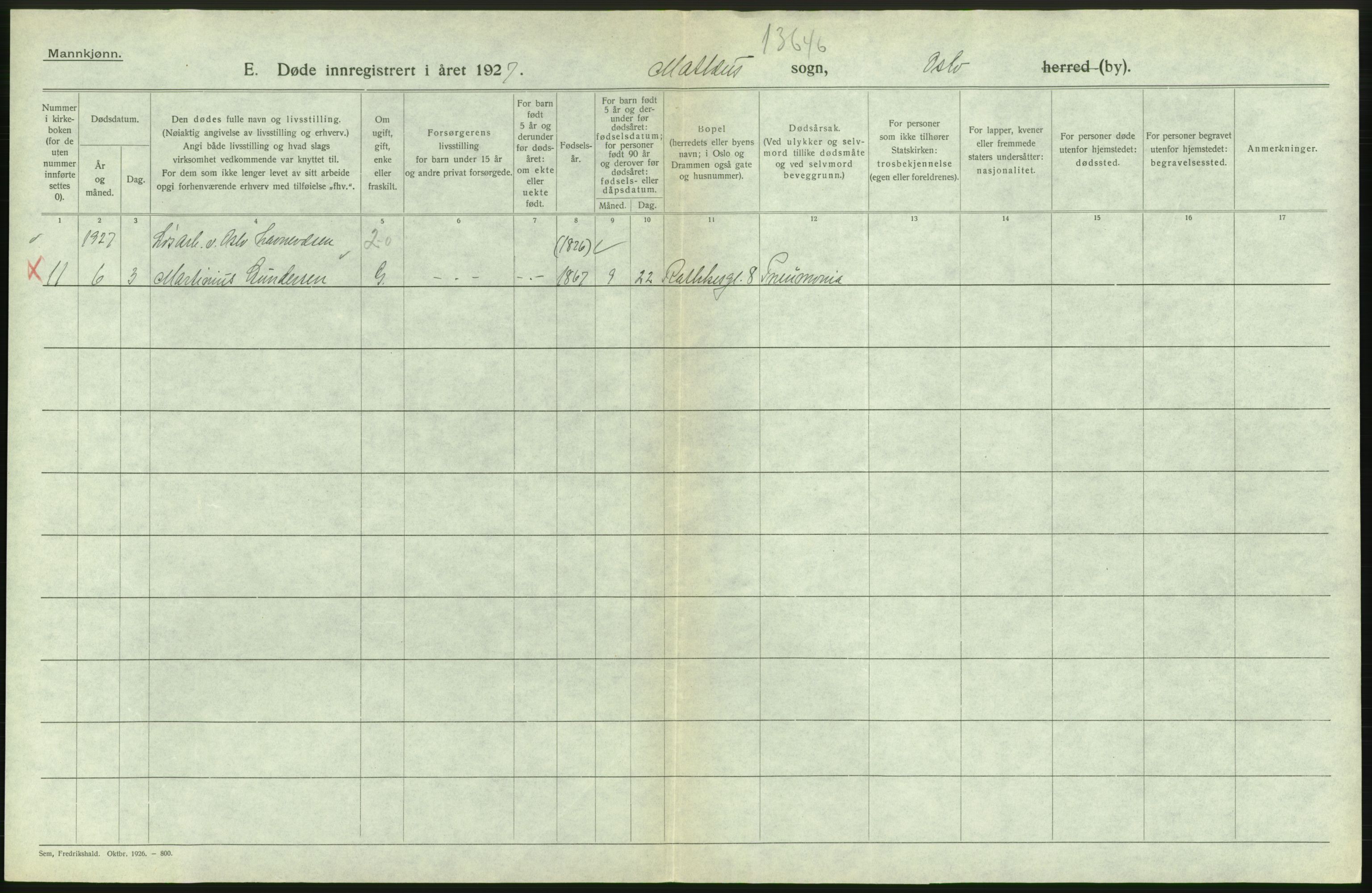 Statistisk sentralbyrå, Sosiodemografiske emner, Befolkning, RA/S-2228/D/Df/Dfc/Dfcg/L0009: Oslo: Døde menn, 1927, s. 310