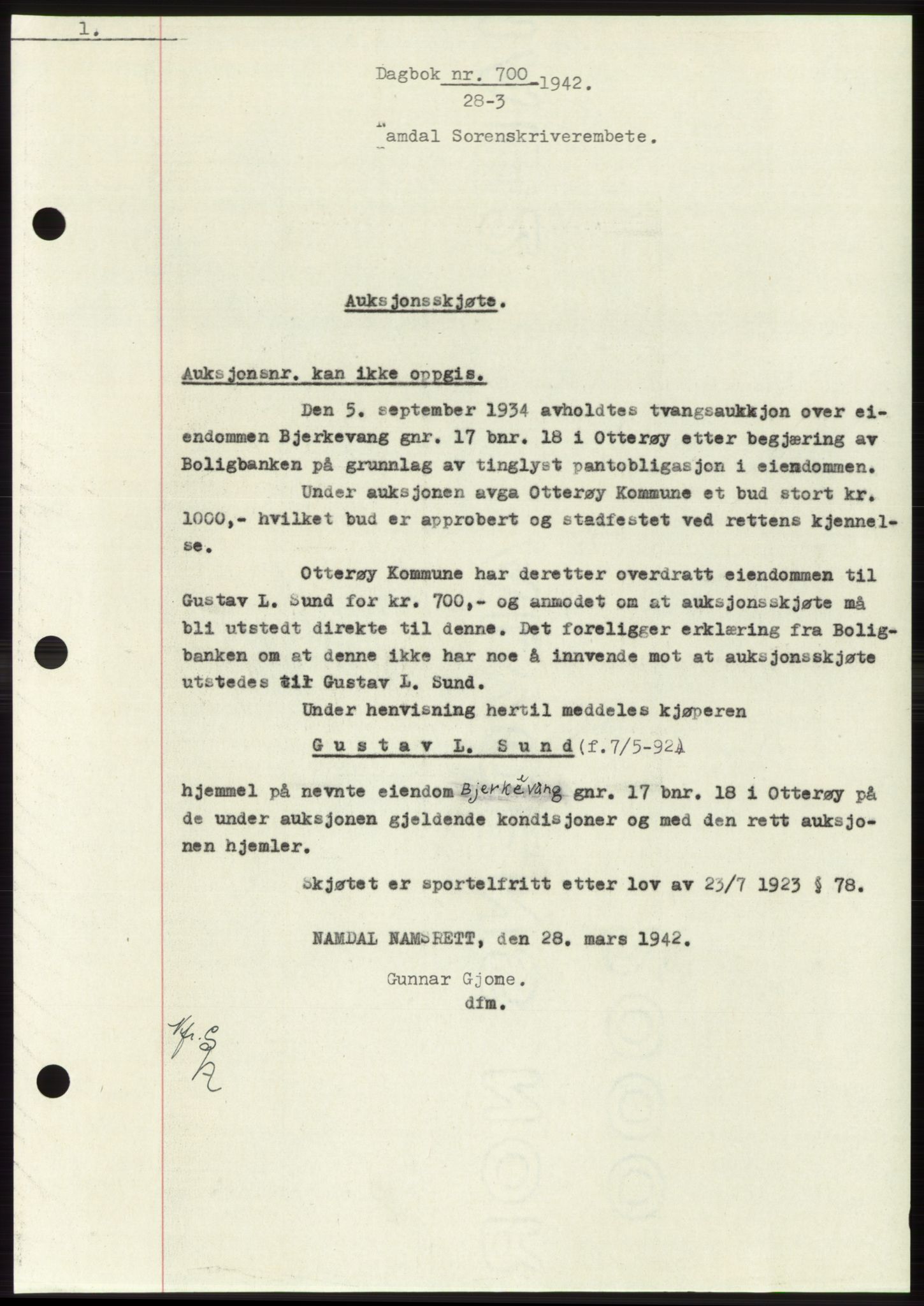 Namdal sorenskriveri, SAT/A-4133/1/2/2C: Pantebok nr. -, 1941-1942, Dagboknr: 700/1942
