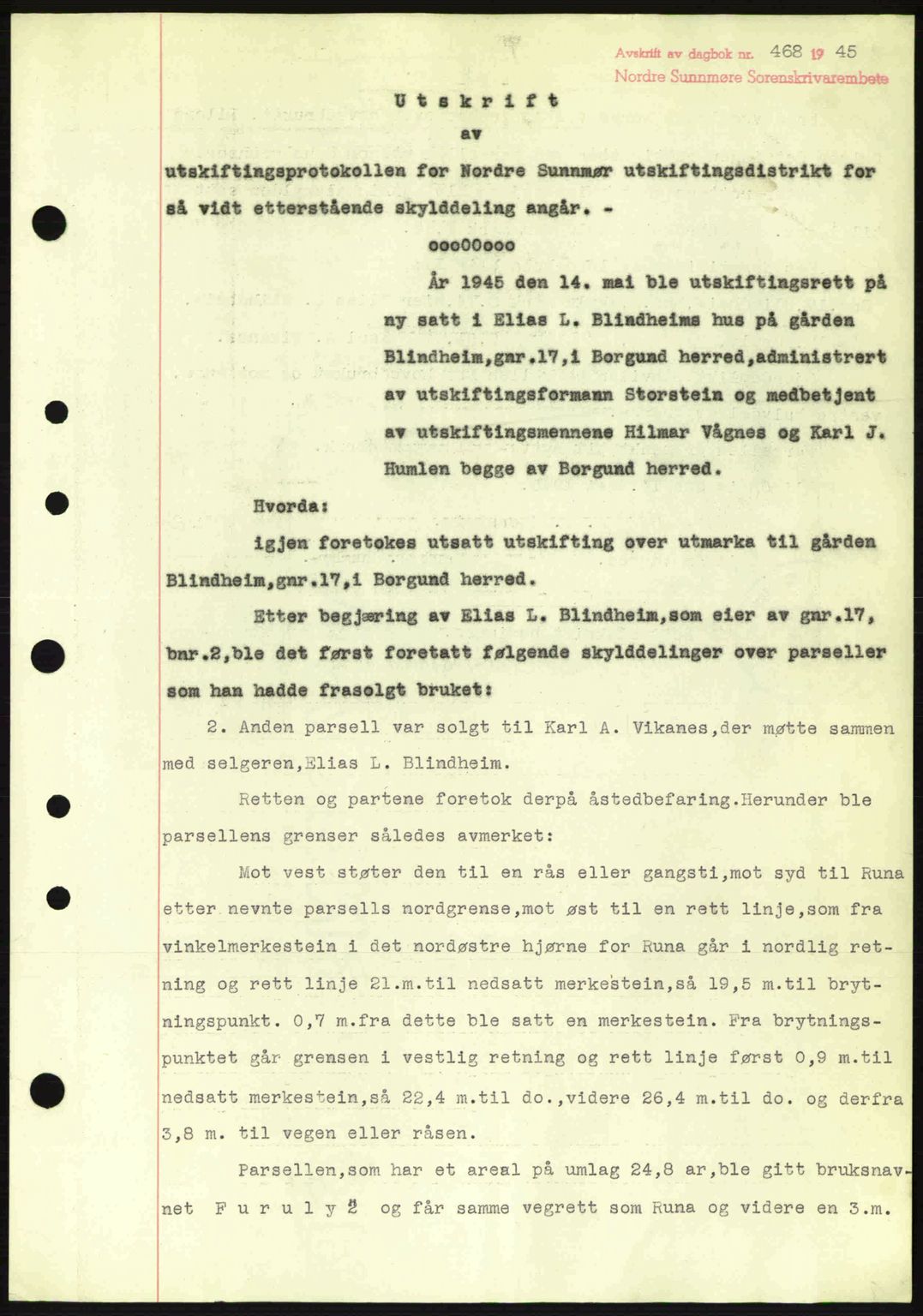 Nordre Sunnmøre sorenskriveri, SAT/A-0006/1/2/2C/2Ca: Pantebok nr. A19, 1944-1945, Dagboknr: 468/1945