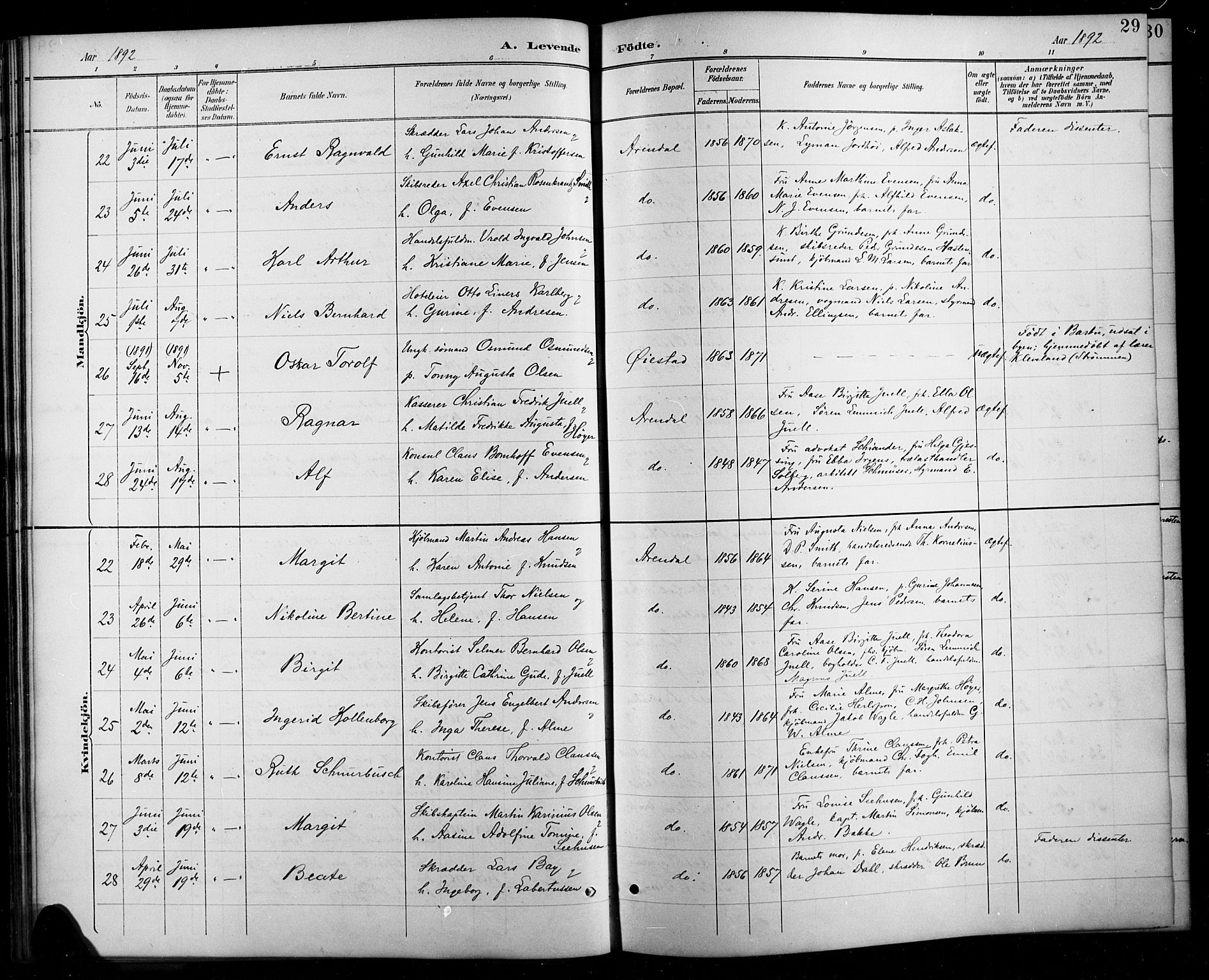 Arendal sokneprestkontor, Trefoldighet, AV/SAK-1111-0040/F/Fb/L0006: Klokkerbok nr. B 6, 1889-1916, s. 29