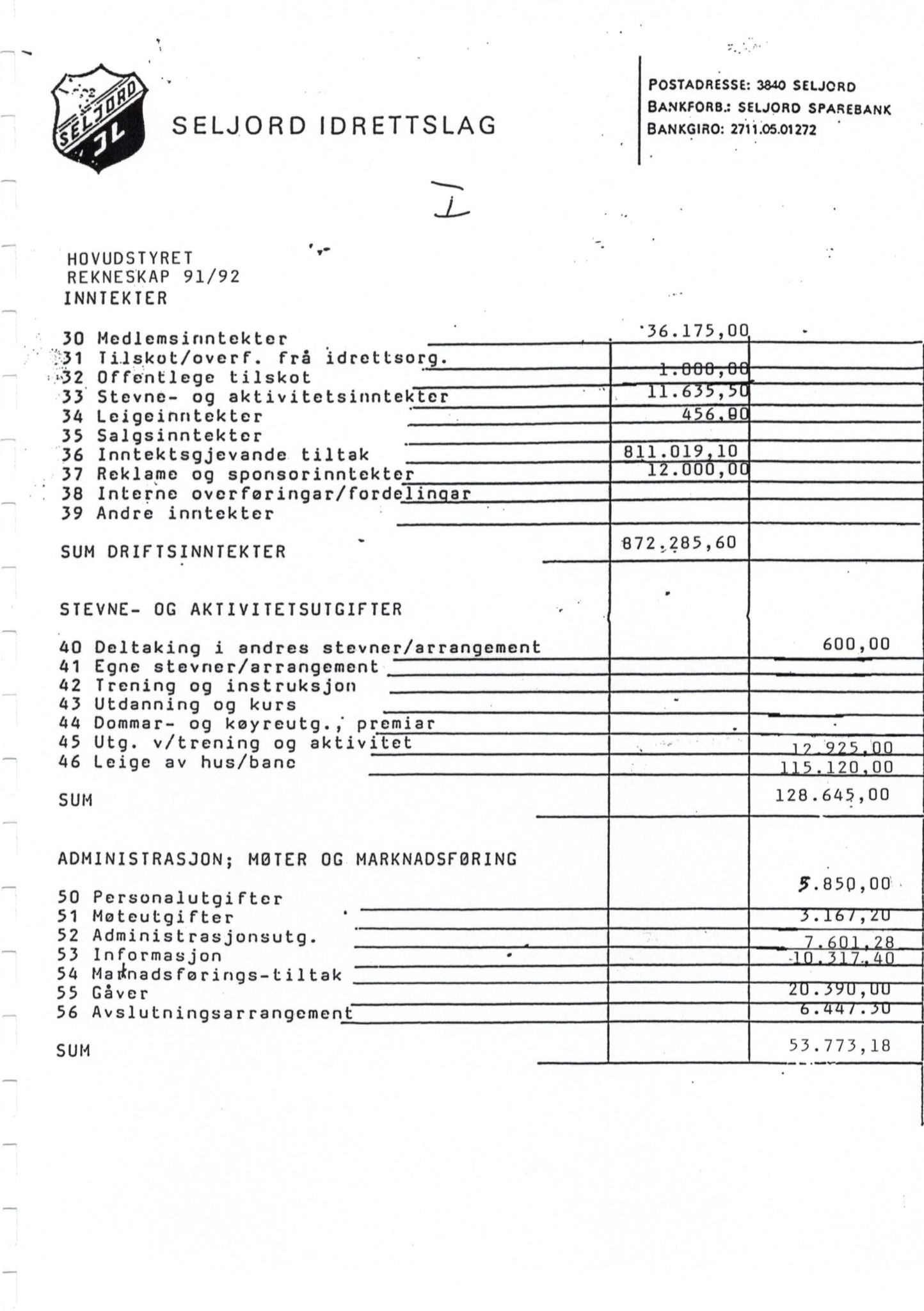 Seljord Idrettslag, VTM/A-1034/A/Ab/L0002: Årsmeldingar, 1992