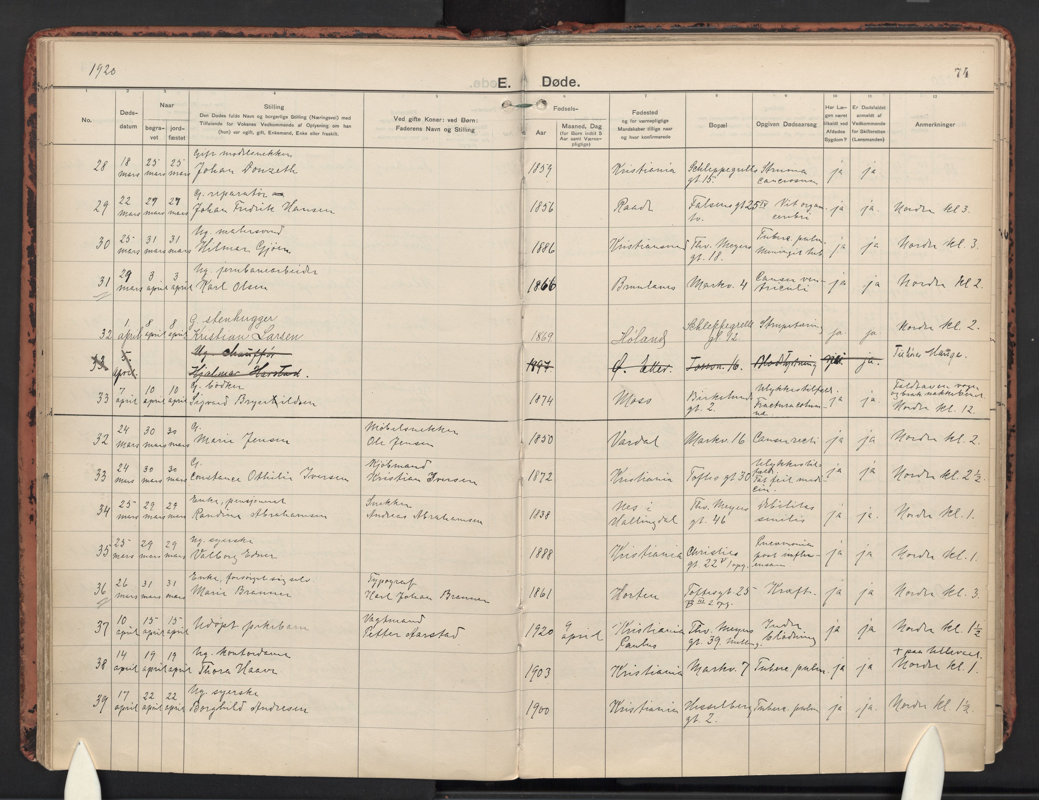 Paulus prestekontor Kirkebøker, AV/SAO-A-10871/F/Fa/L0023: Ministerialbok nr. 23, 1915-1932, s. 74