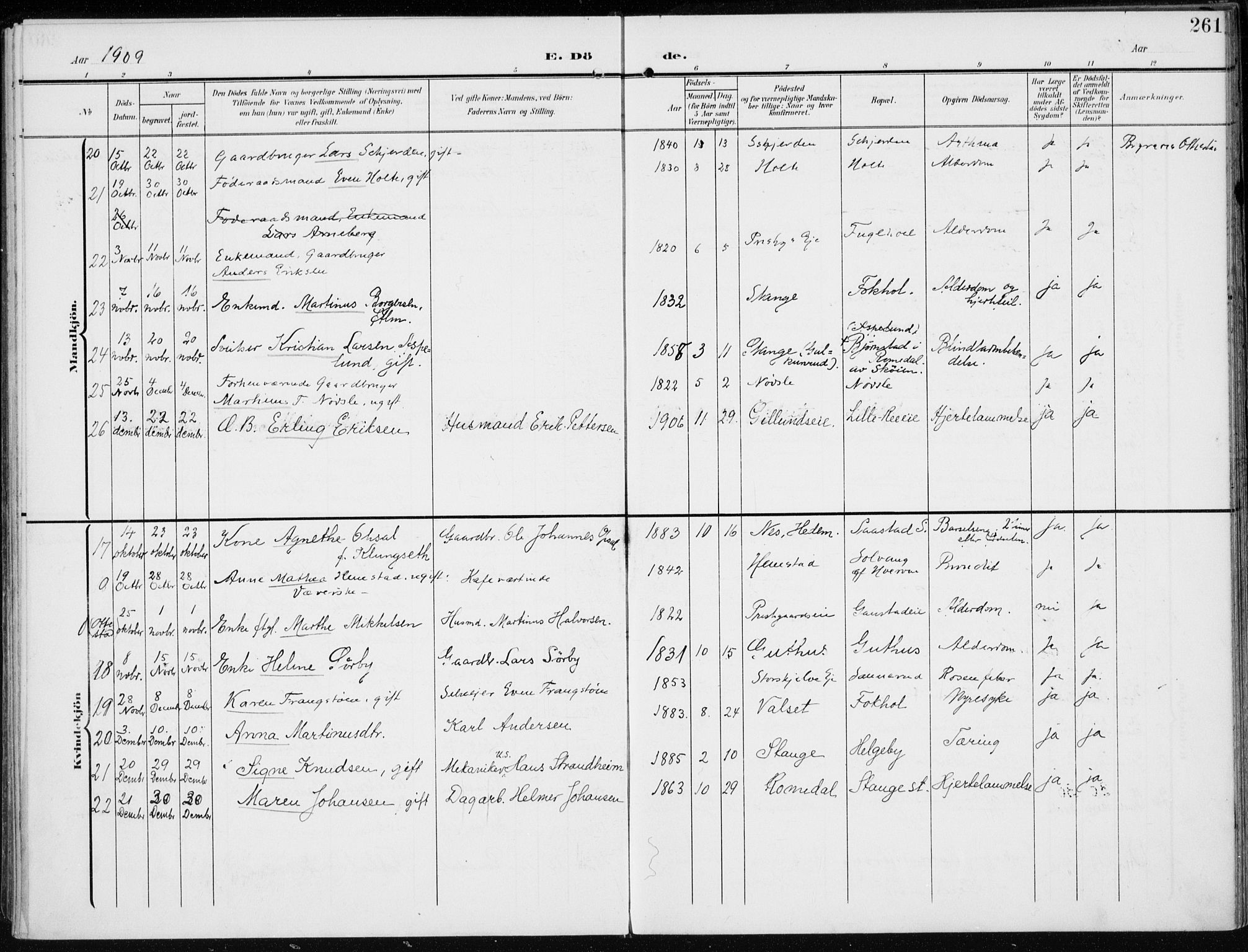Stange prestekontor, AV/SAH-PREST-002/K/L0024: Ministerialbok nr. 24, 1906-1922, s. 261