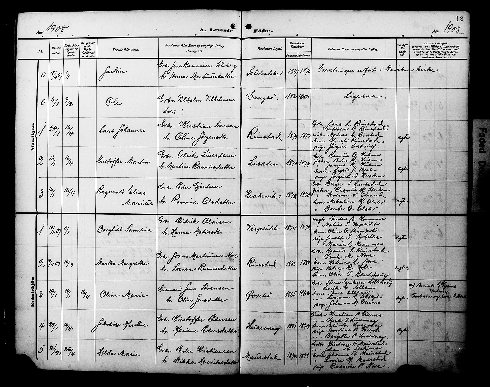 Davik sokneprestembete, AV/SAB-A-79701/H/Hab/Habc/L0003: Klokkerbok nr. C 3, 1907-1929, s. 12