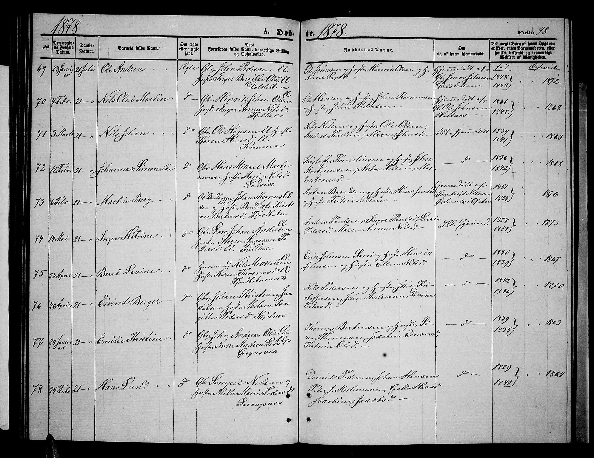 Ibestad sokneprestembete, AV/SATØ-S-0077/H/Ha/Hab/L0006klokker: Klokkerbok nr. 6, 1871-1879, s. 98