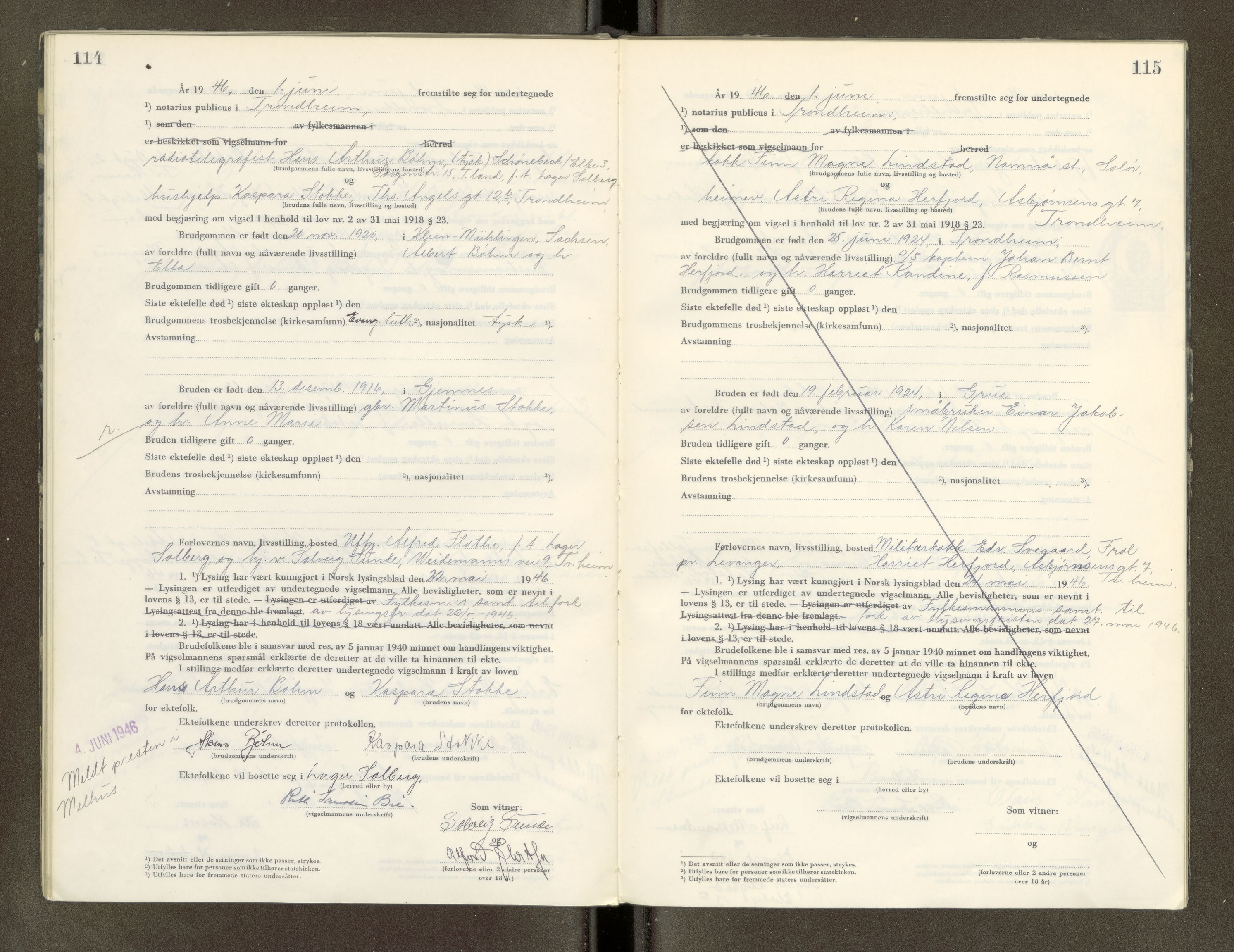 Trondheim byfogd, AV/SAT-A-0003/1/6/6D/L0005: Vigselbøker, 1944-1948, s. 114-115