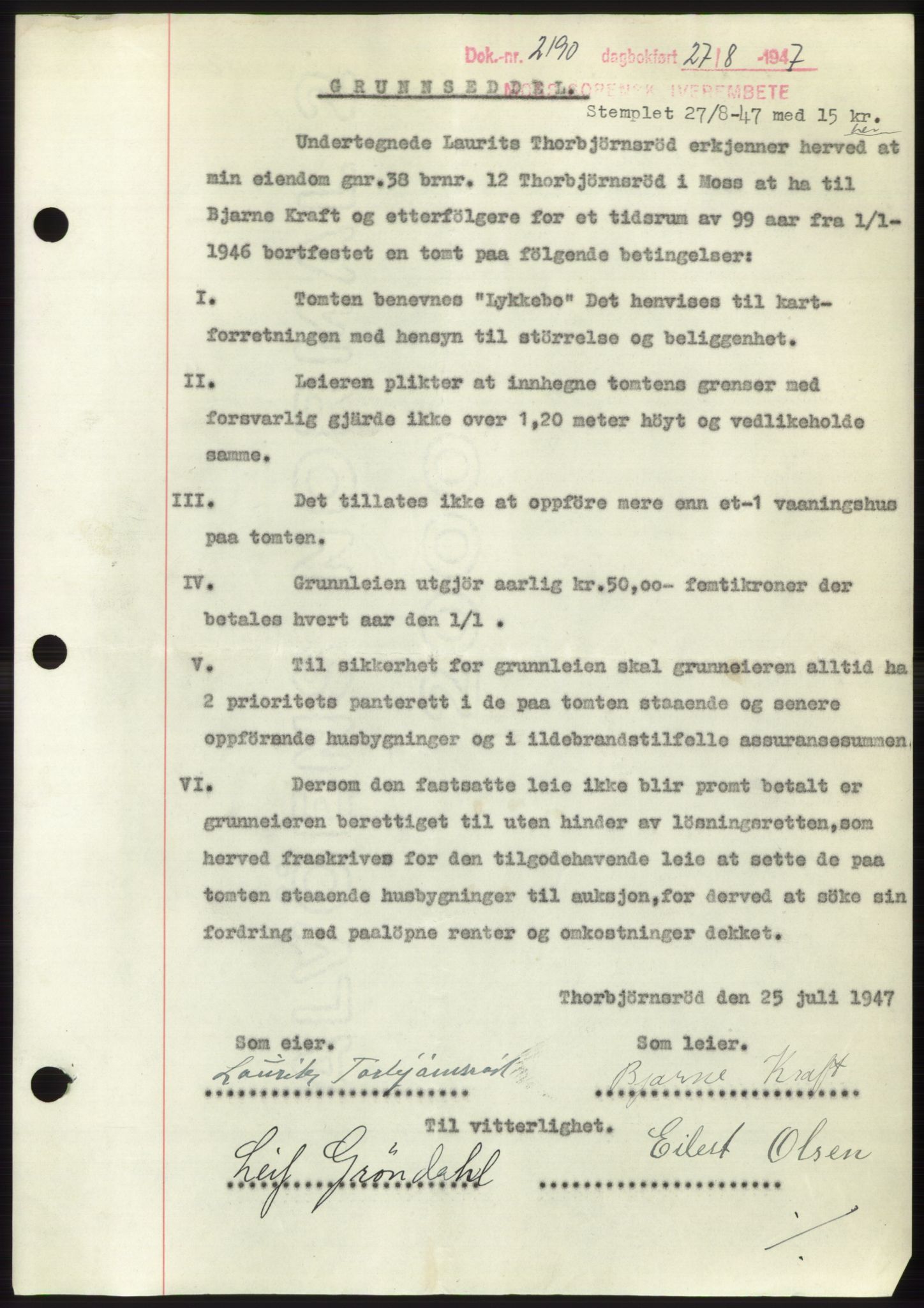 Moss sorenskriveri, SAO/A-10168: Pantebok nr. B17, 1947-1947, Dagboknr: 2190/1947