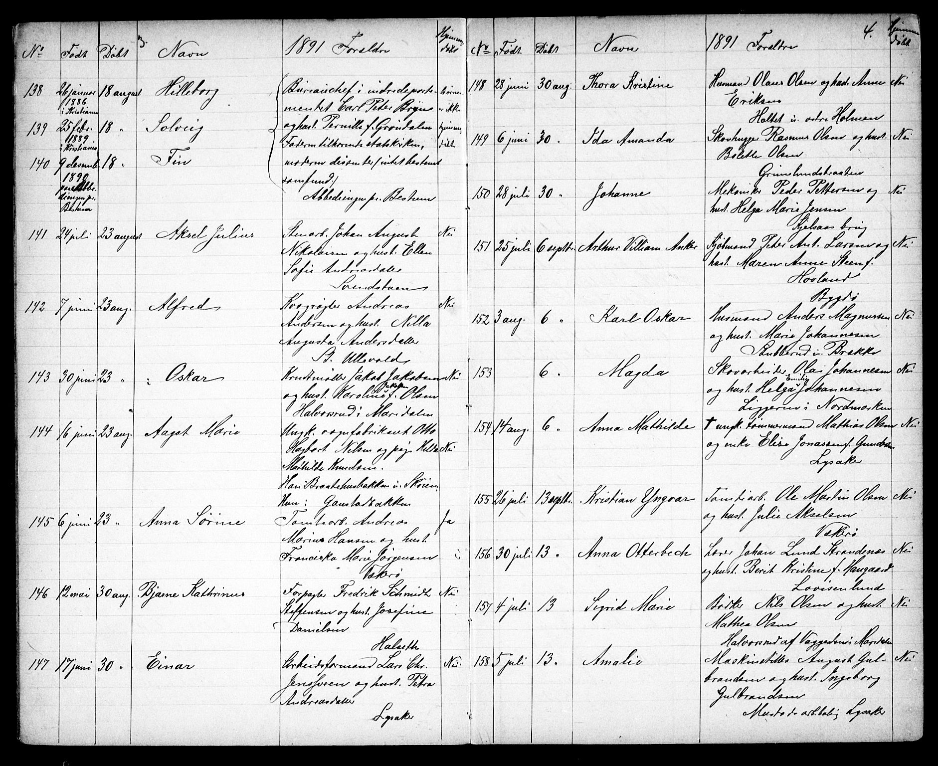 Vestre Aker prestekontor Kirkebøker, AV/SAO-A-10025/G/Ga/L0004: Klokkerbok nr. I 4, 1891-1903, s. 3-4