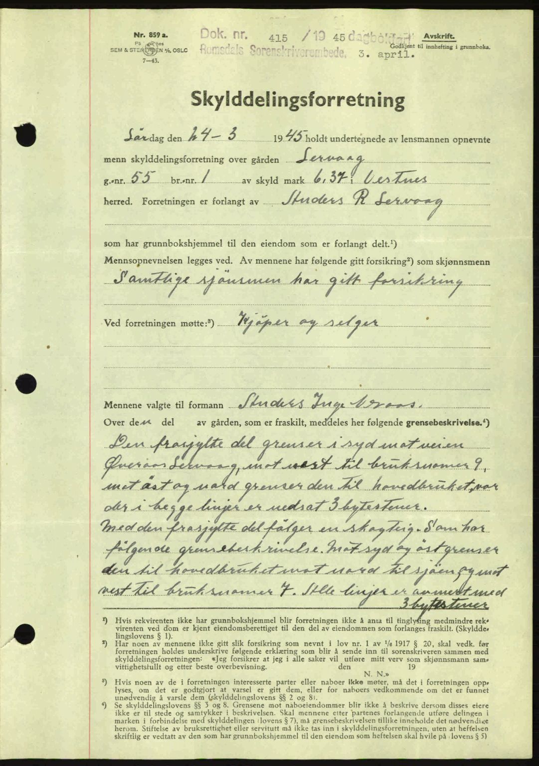 Romsdal sorenskriveri, SAT/A-4149/1/2/2C: Pantebok nr. A17, 1944-1945, Dagboknr: 415/1945
