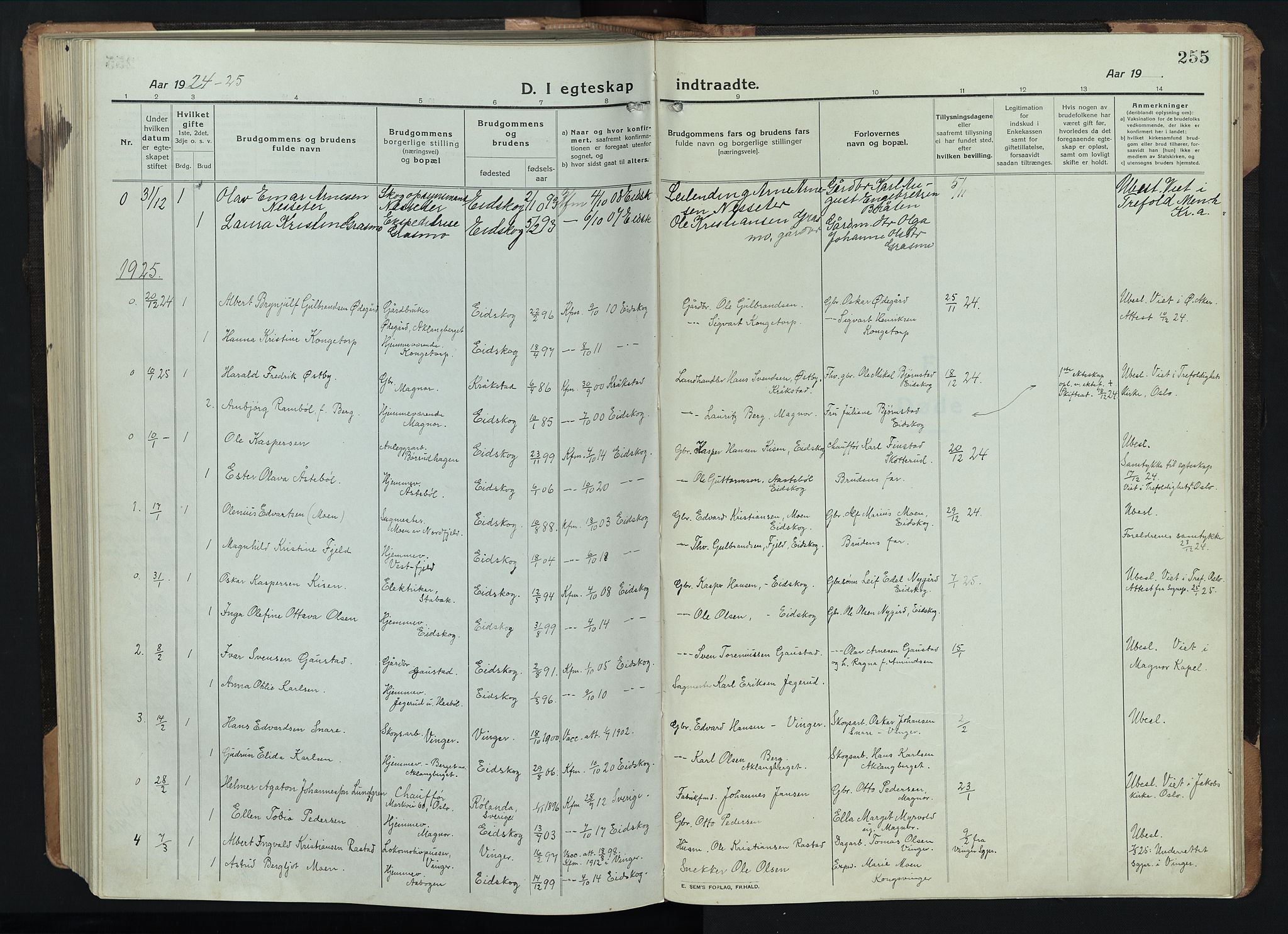 Eidskog prestekontor, AV/SAH-PREST-026/H/Ha/Hab/L0005: Klokkerbok nr. 5, 1916-1946, s. 255