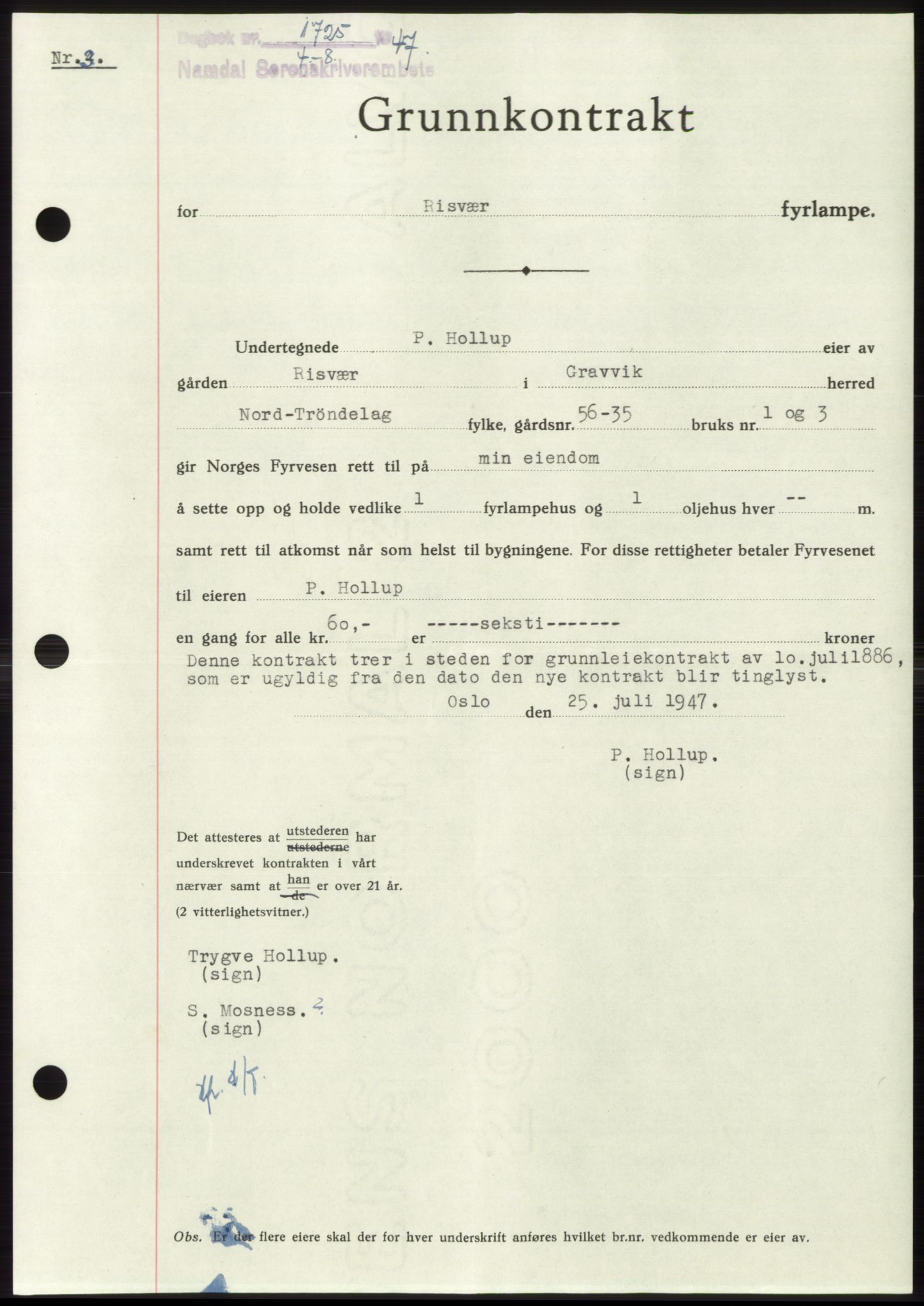 Namdal sorenskriveri, SAT/A-4133/1/2/2C: Pantebok nr. -, 1947-1947, Dagboknr: 1725/1947