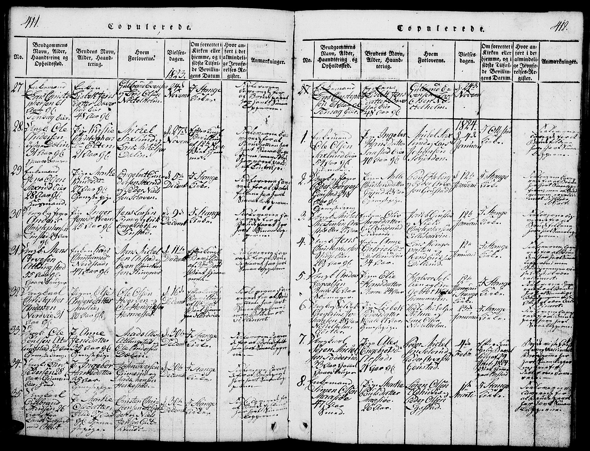 Stange prestekontor, AV/SAH-PREST-002/L/L0001: Klokkerbok nr. 1, 1814-1825, s. 411-412
