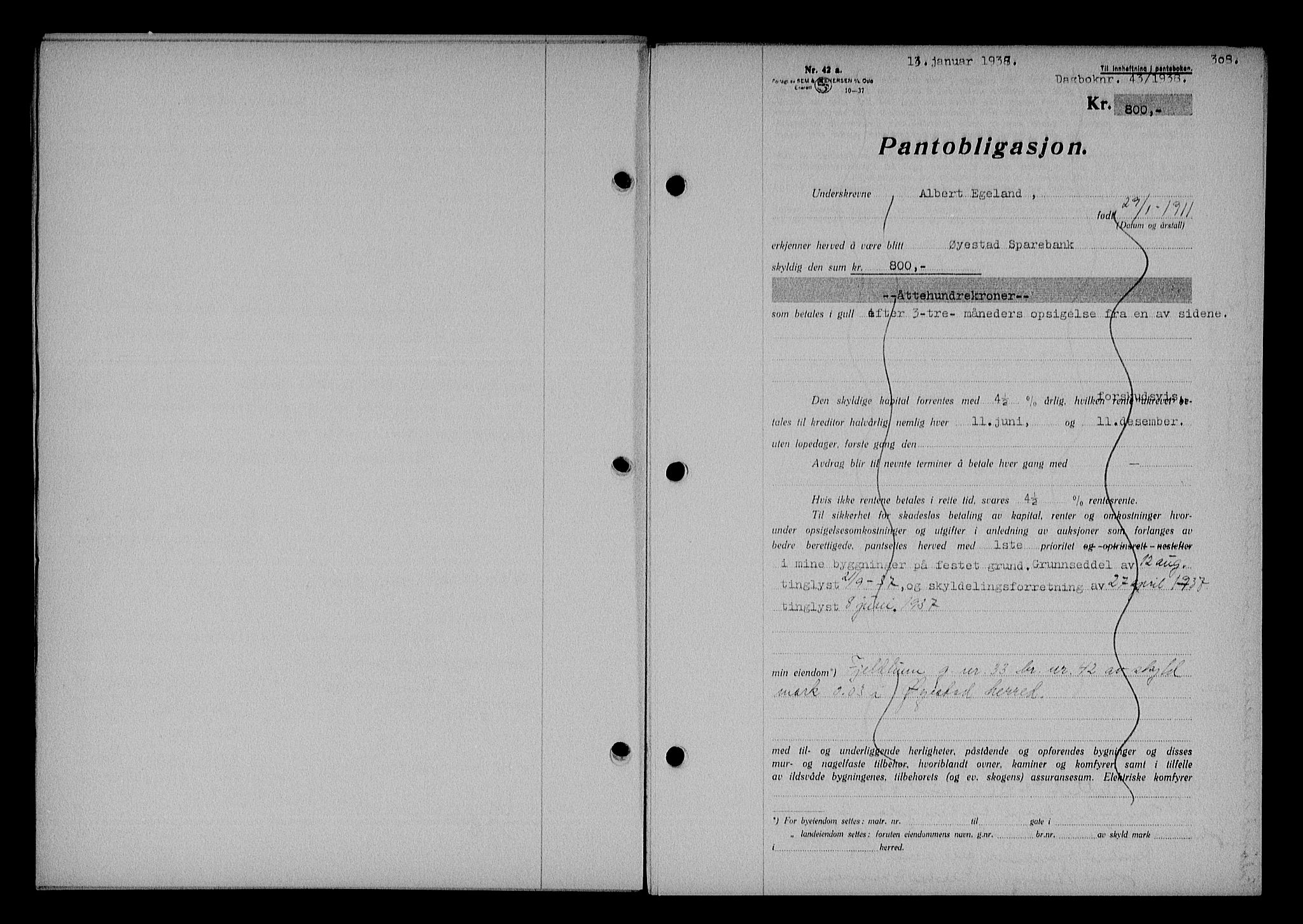 Nedenes sorenskriveri, SAK/1221-0006/G/Gb/Gba/L0044: Pantebok nr. 40, 1937-1938, Dagboknr: 43/1938