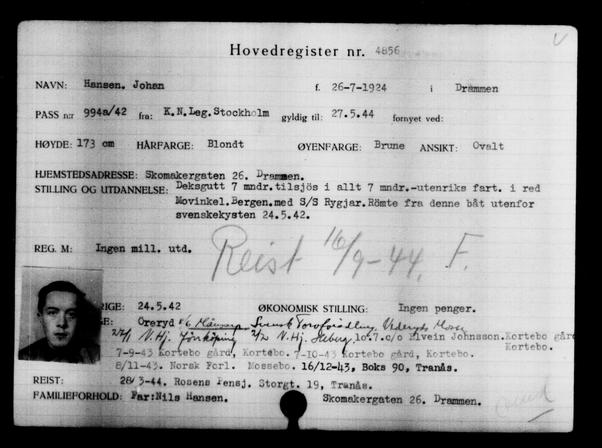 Utenriksstasjonene, Legasjonen i Stockholm, Flyktningkontoret, AV/RA-S-6753/V/Va/L0004: Kjesäterkartoteket, flyktninger med registreringsnr. 3496-6610, 1940-1945, s. 1616