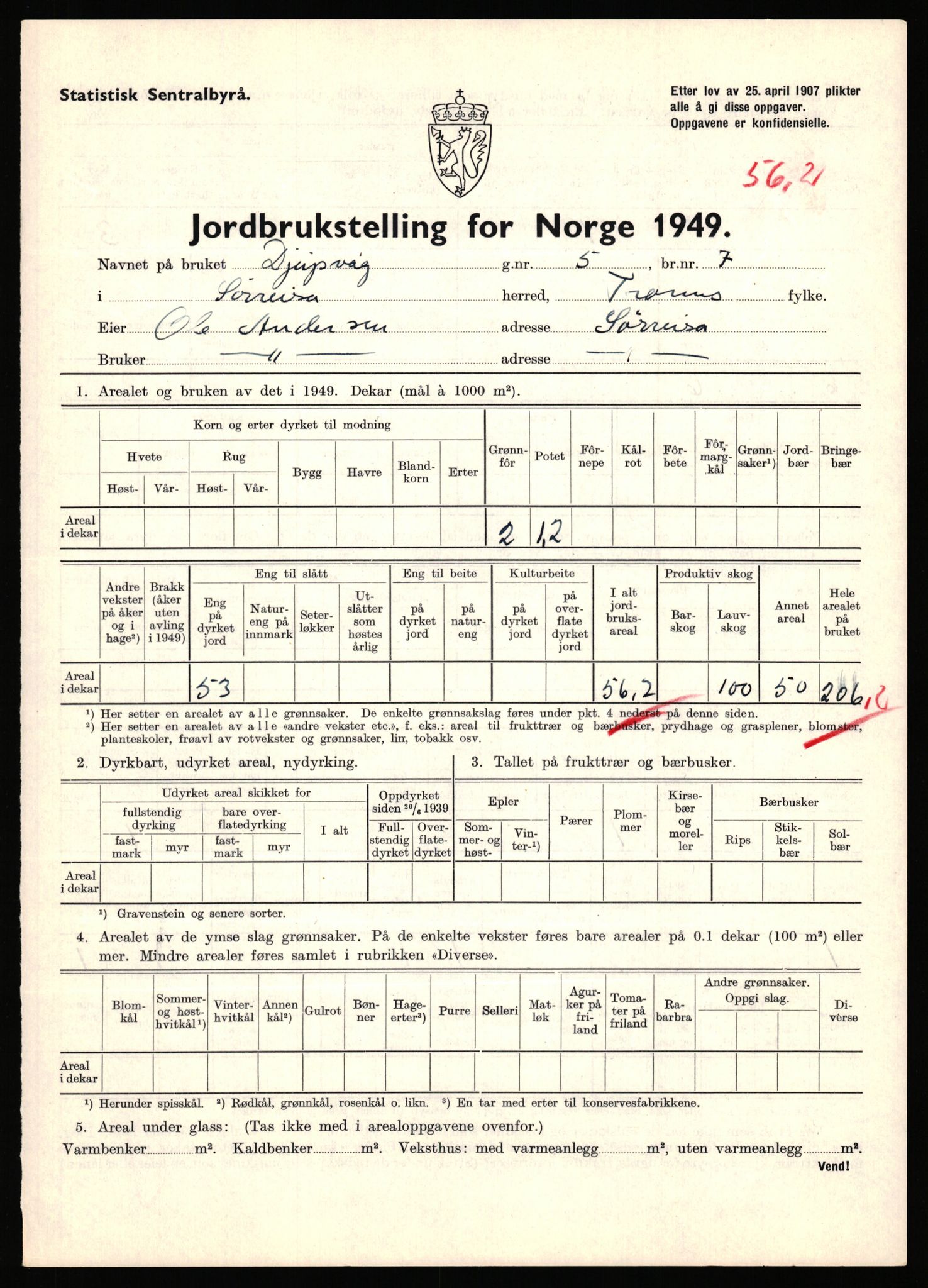 Statistisk sentralbyrå, Næringsøkonomiske emner, Jordbruk, skogbruk, jakt, fiske og fangst, AV/RA-S-2234/G/Gc/L0440: Troms: Sørreisa og Dyrøy, 1949, s. 794