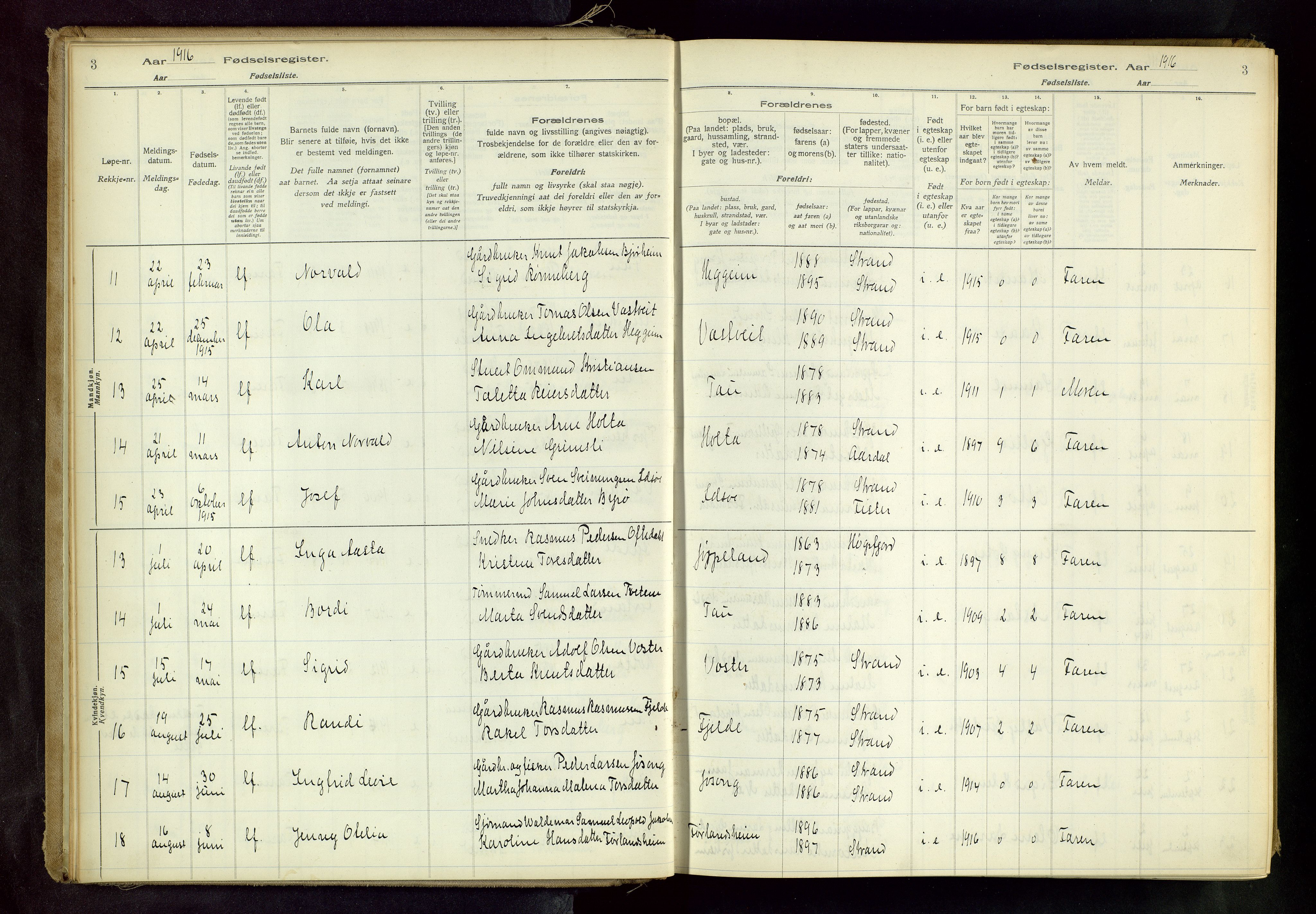 Strand sokneprestkontor, AV/SAST-A-101828/I/Id/L0001: Fødselsregister nr. 1, 1916-1938, s. 3