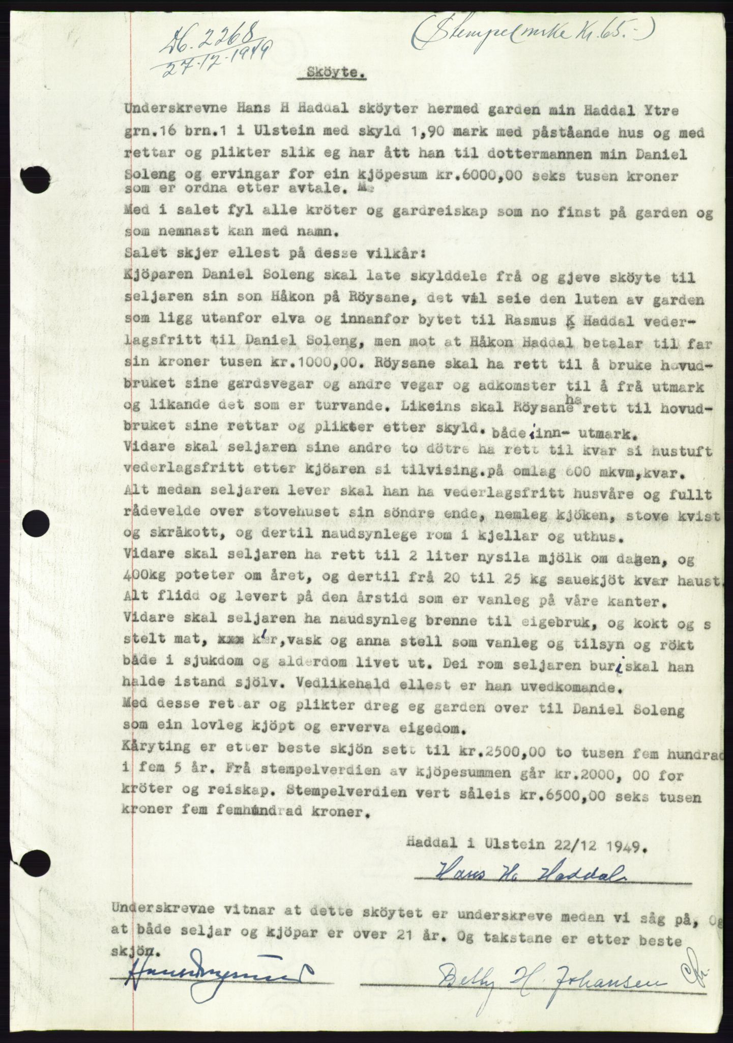 Søre Sunnmøre sorenskriveri, AV/SAT-A-4122/1/2/2C/L0086: Pantebok nr. 12A, 1949-1950, Dagboknr: 2268/1949