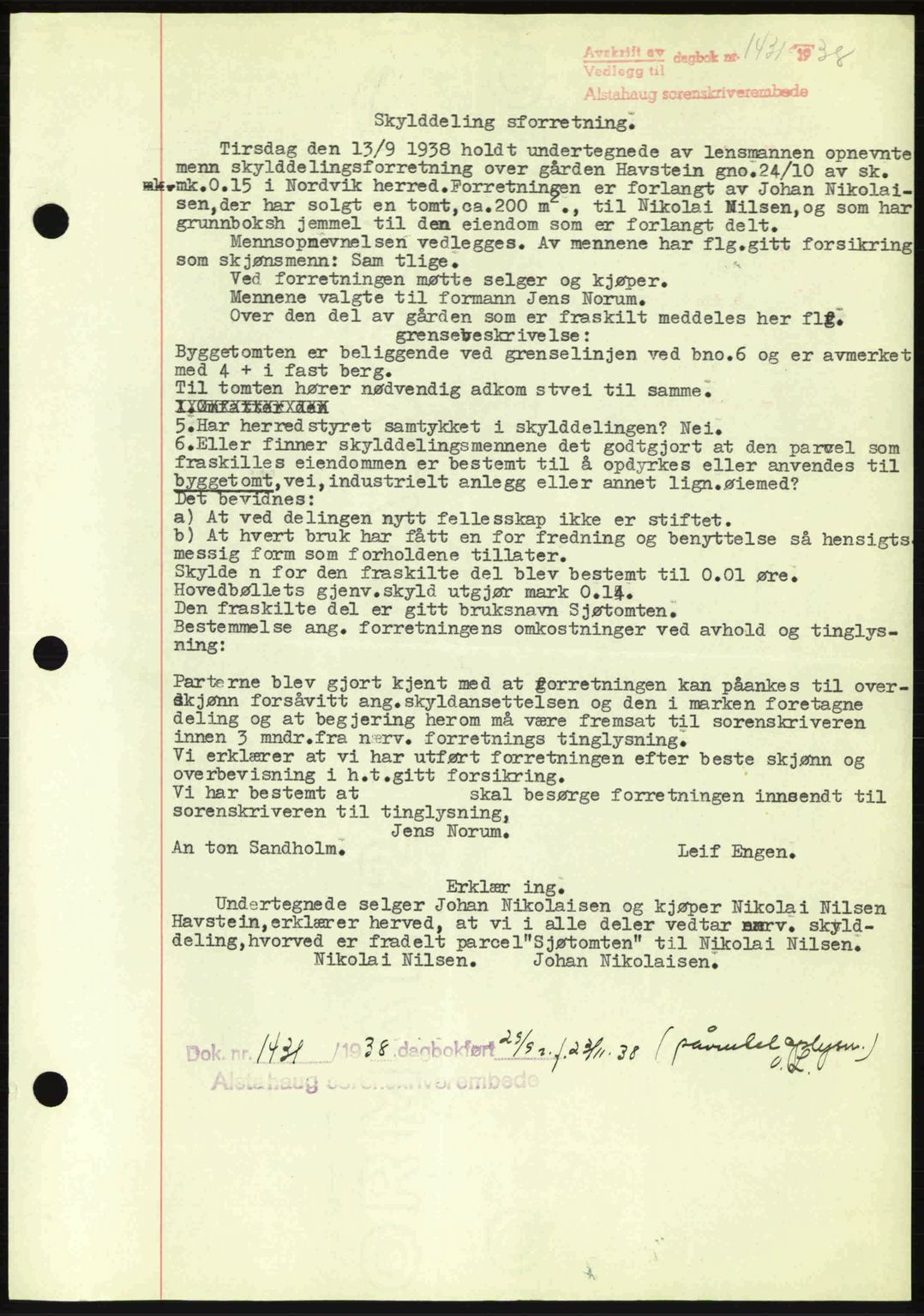 Alstahaug sorenskriveri, SAT/A-1009: Pantebok nr. A3, 1937-1938, Dagboknr: 1431/1938