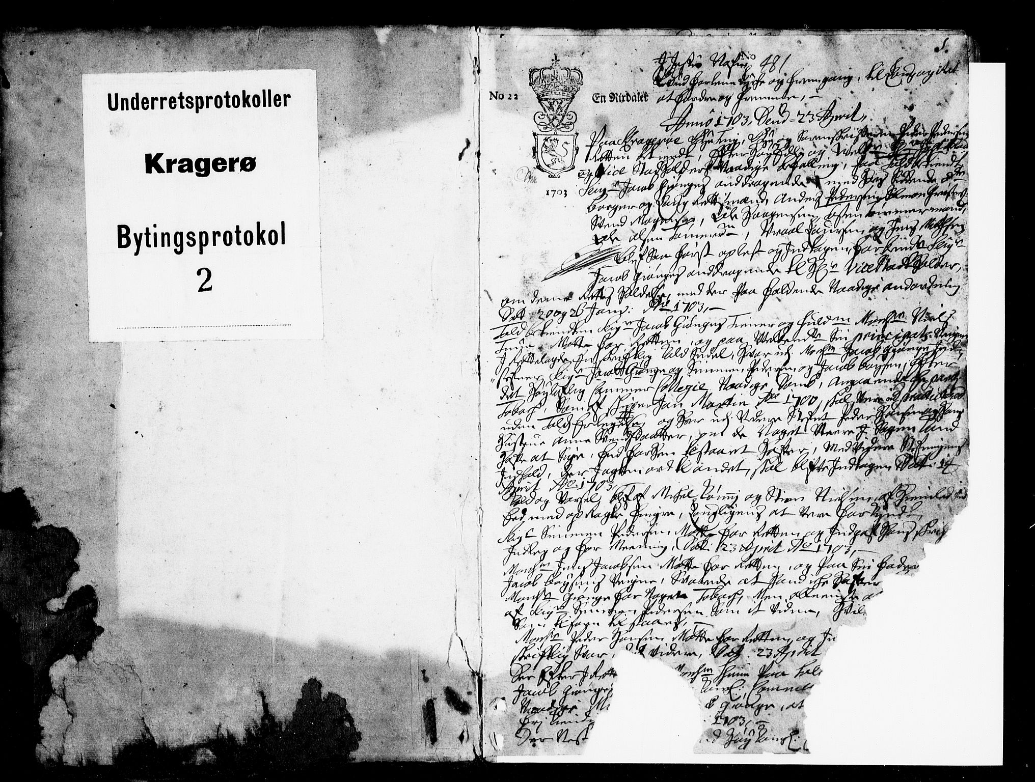 Kragerø byfogd, SAKO/A-215/F/Fa/L0002: Tingbok, 1703-1707, s. 1