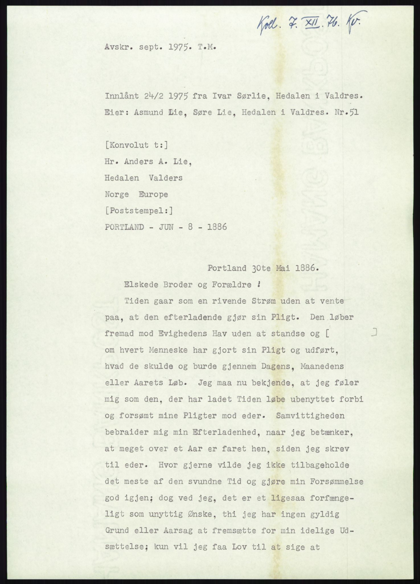 Samlinger til kildeutgivelse, Amerikabrevene, RA/EA-4057/F/L0012: Innlån fra Oppland: Lie (brevnr 1-78), 1838-1914, s. 721