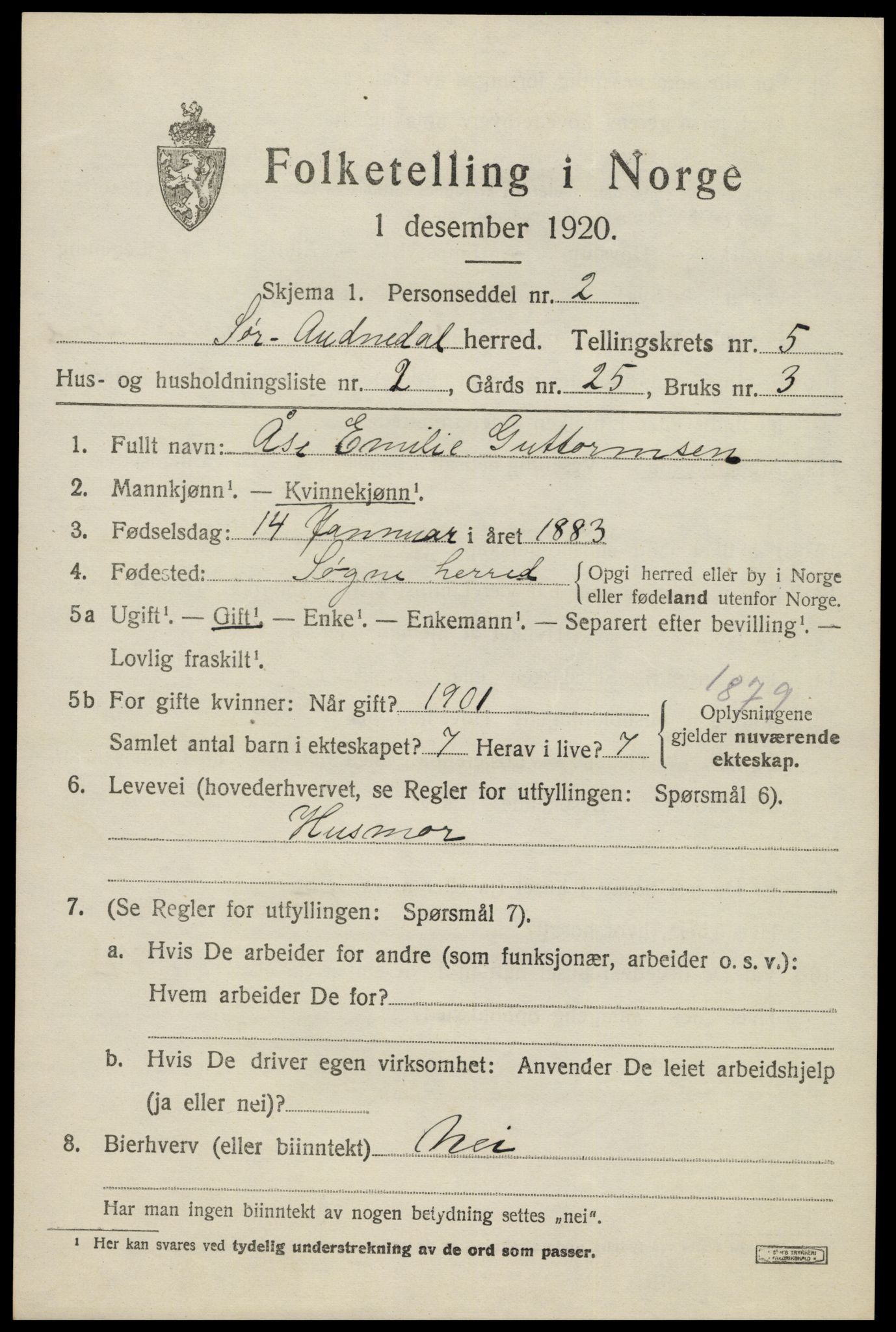 SAK, Folketelling 1920 for 1029 Sør-Audnedal herred, 1920, s. 2497