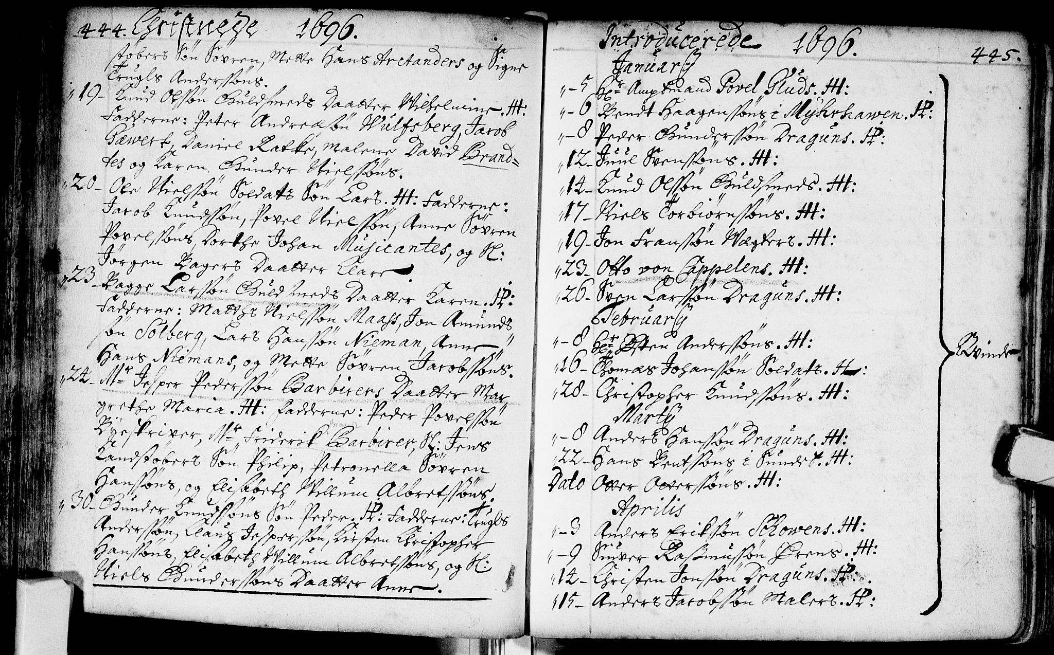 Bragernes kirkebøker, AV/SAKO-A-6/F/Fa/L0002: Ministerialbok nr. I 2, 1680-1705, s. 444-445