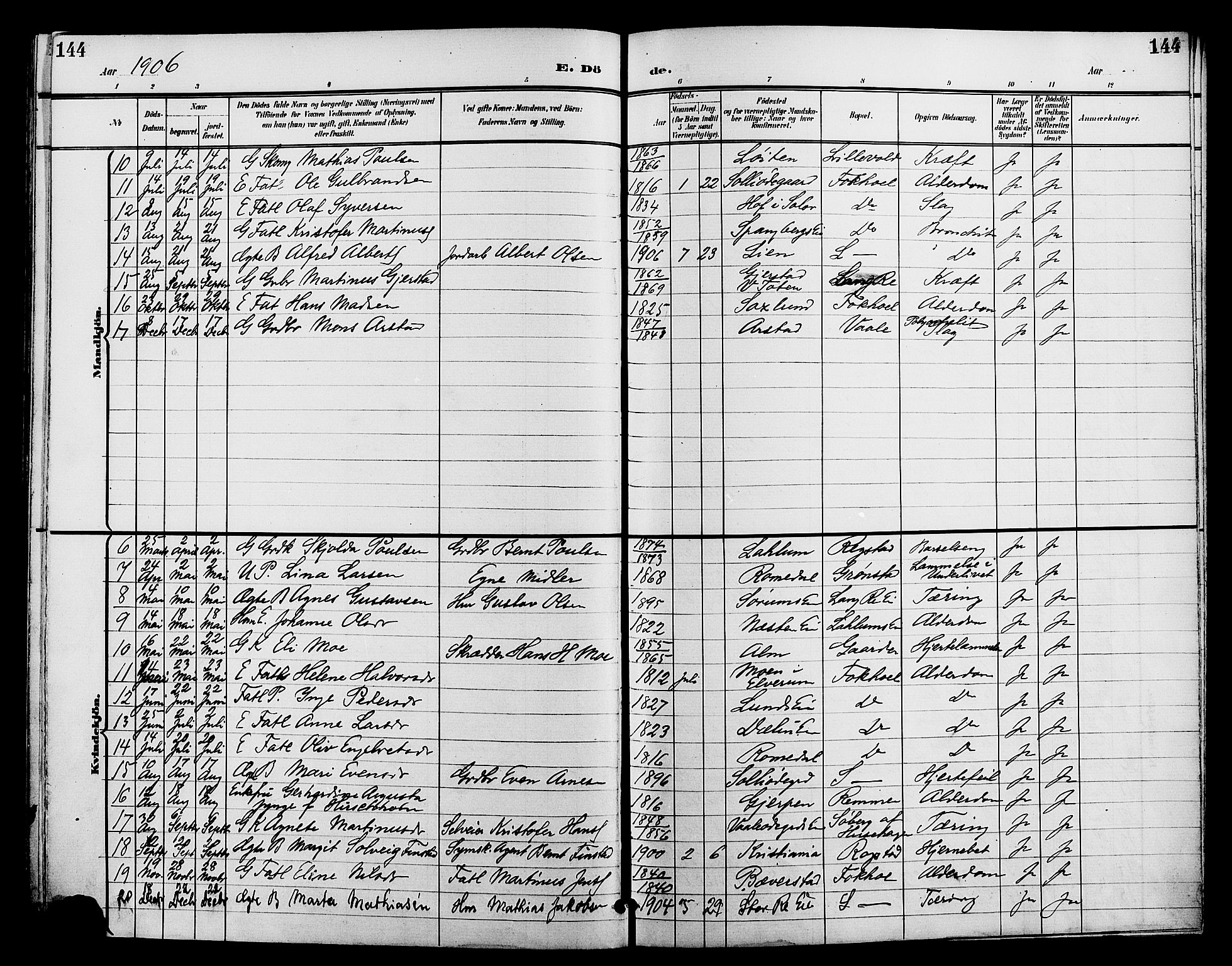 Stange prestekontor, AV/SAH-PREST-002/L/L0012: Klokkerbok nr. 12, 1900-1908, s. 144