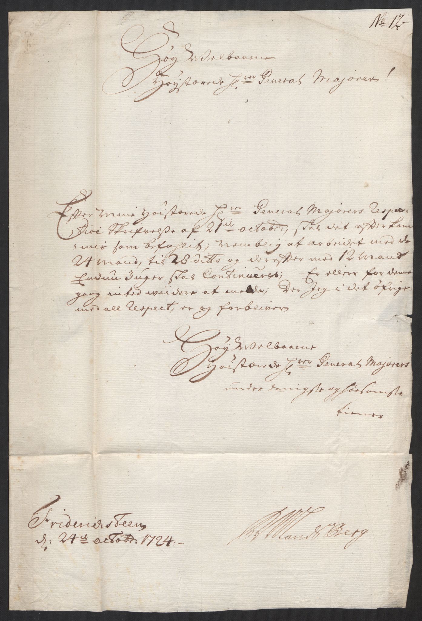 Kommanderende general (KG I) med Det norske krigsdirektorium, AV/RA-EA-5419/D/L0153: Fredriksten festning: Brev, inventarfortegnelser og regnskapsekstrakter, 1724-1729, s. 87