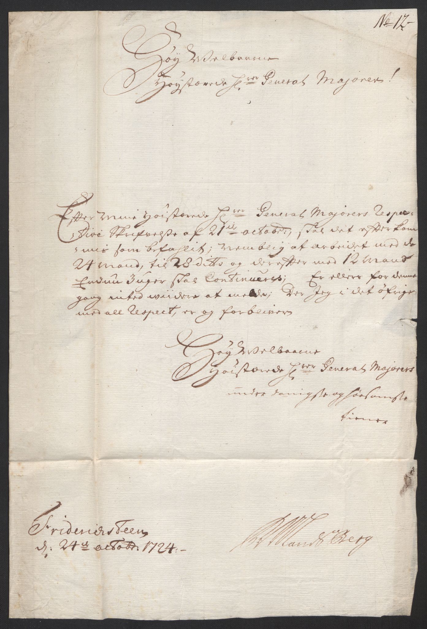 Kommanderende general (KG I) med Det norske krigsdirektorium, RA/EA-5419/D/L0153: Fredriksten festning: Brev, inventarfortegnelser og regnskapsekstrakter, 1724-1729, s. 87