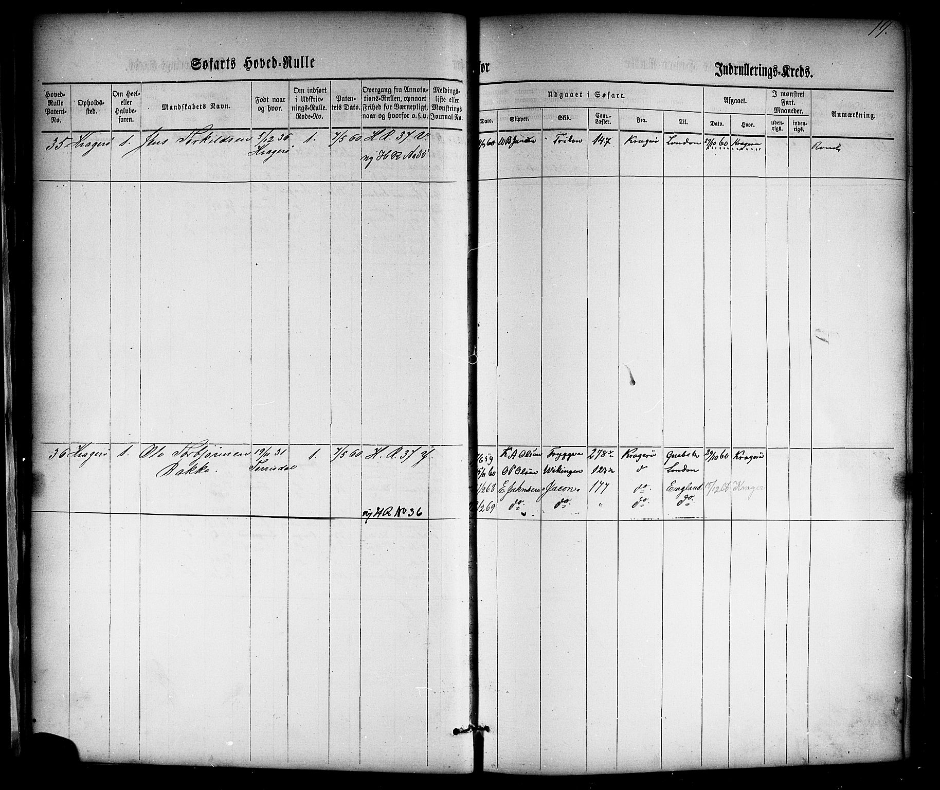 Kragerø innrulleringskontor, SAKO/A-830/F/Fc/L0001: Hovedrulle, 1860-1869, s. 45