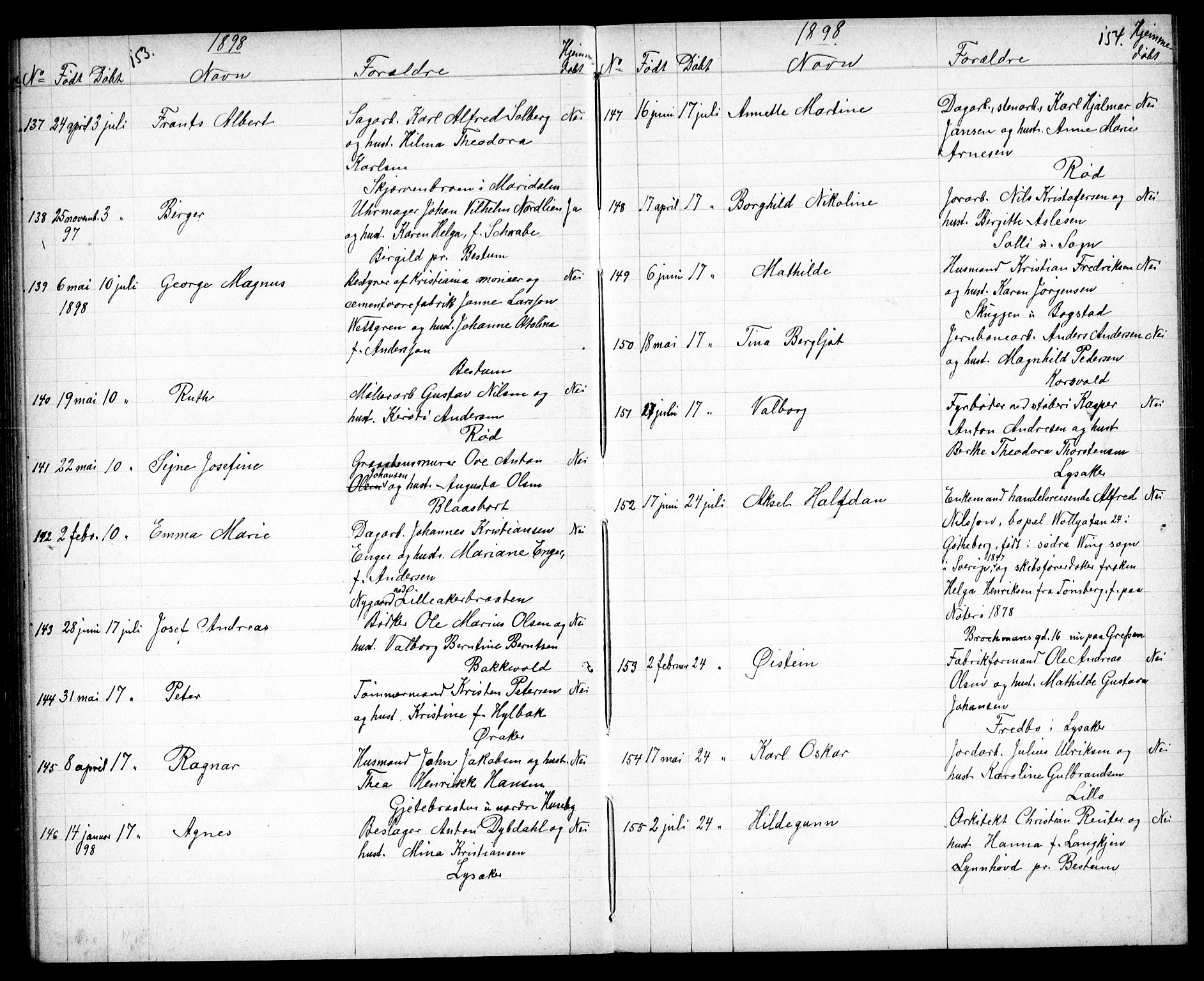 Vestre Aker prestekontor Kirkebøker, AV/SAO-A-10025/G/Ga/L0004: Klokkerbok nr. I 4, 1891-1903, s. 153-154