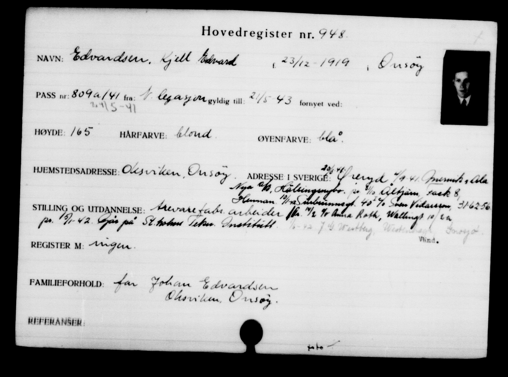 Utenriksstasjonene, Legasjonen i Stockholm, Flyktningkontoret, AV/RA-S-6753/V/Va/L0001: Kjesäterkartoteket, flyktninger med registreringsnr. 1-1000, 1940-1945, s. 1474
