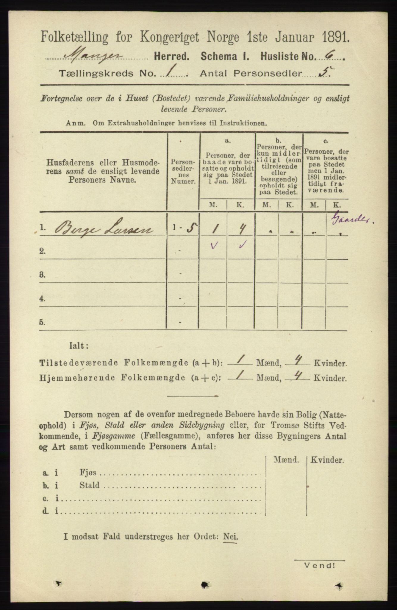 RA, Folketelling 1891 for 1261 Manger herred, 1891, s. 41