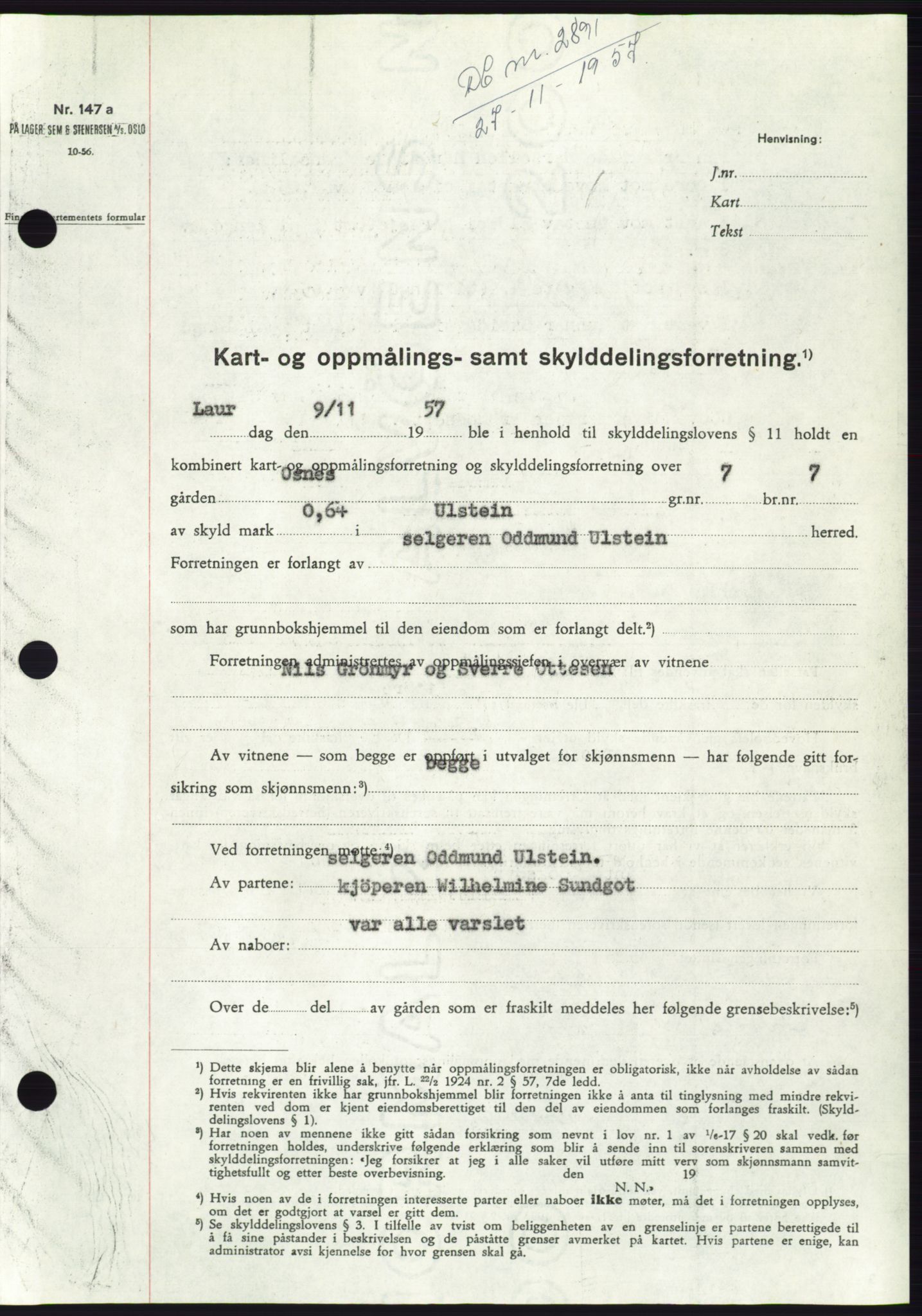 Søre Sunnmøre sorenskriveri, SAT/A-4122/1/2/2C/L0108: Pantebok nr. 34A, 1957-1958, Dagboknr: 2891/1957