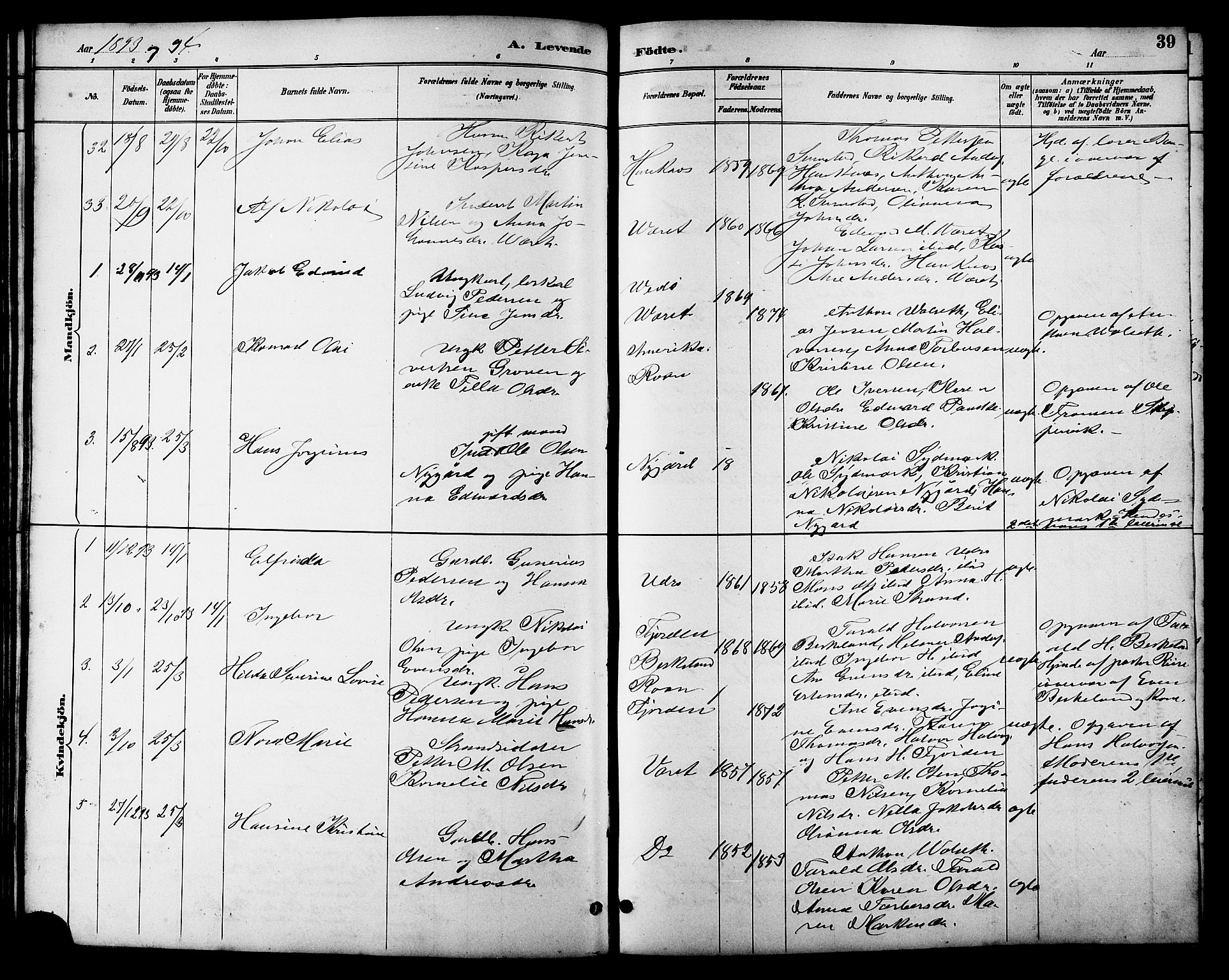 Ministerialprotokoller, klokkerbøker og fødselsregistre - Sør-Trøndelag, AV/SAT-A-1456/657/L0716: Klokkerbok nr. 657C03, 1889-1904, s. 39