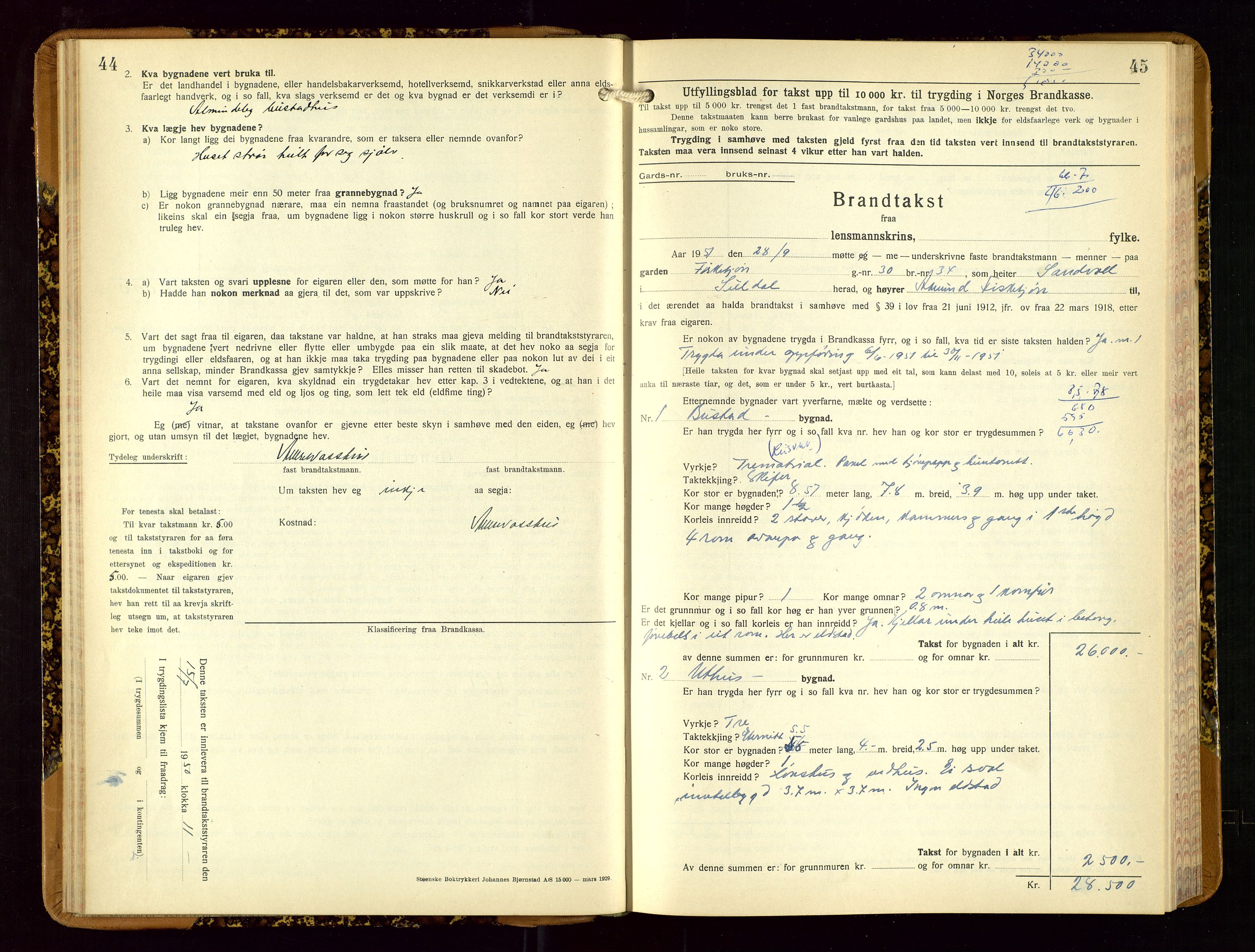 Suldal lensmannskontor, AV/SAST-A-100419/Gob/L0003: Branntakstprotokoll, 1924-1955, s. 44-45