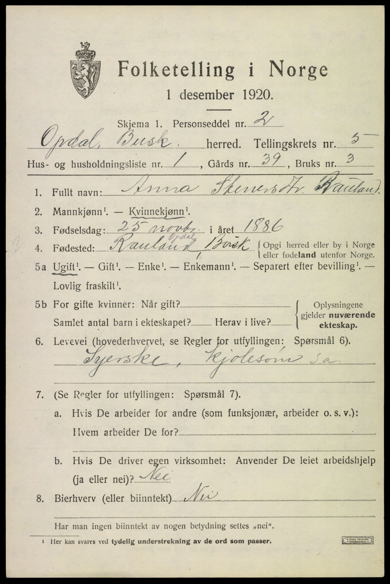 SAKO, Folketelling 1920 for 0634 Uvdal herred, 1920, s. 2313