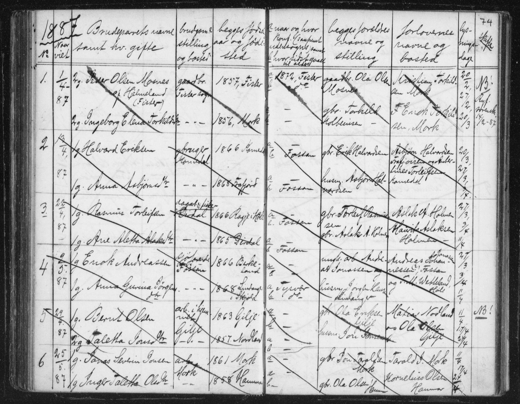 Høgsfjord sokneprestkontor, AV/SAST-A-101624/I/Ie/L0001: Lysningsprotokoll nr. 705.BA.1, 1871-1899, s. 74
