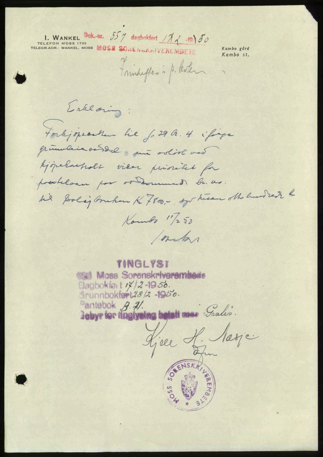Moss sorenskriveri, SAO/A-10168: Pantebok nr. A25, 1950-1950, Dagboknr: 557/1950