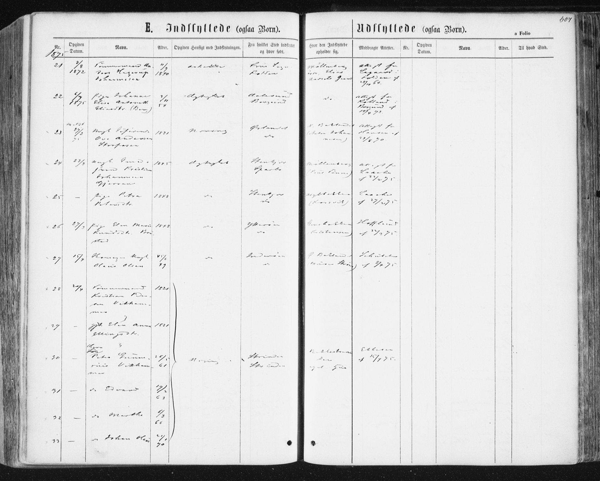Ministerialprotokoller, klokkerbøker og fødselsregistre - Sør-Trøndelag, SAT/A-1456/604/L0186: Ministerialbok nr. 604A07, 1866-1877, s. 607
